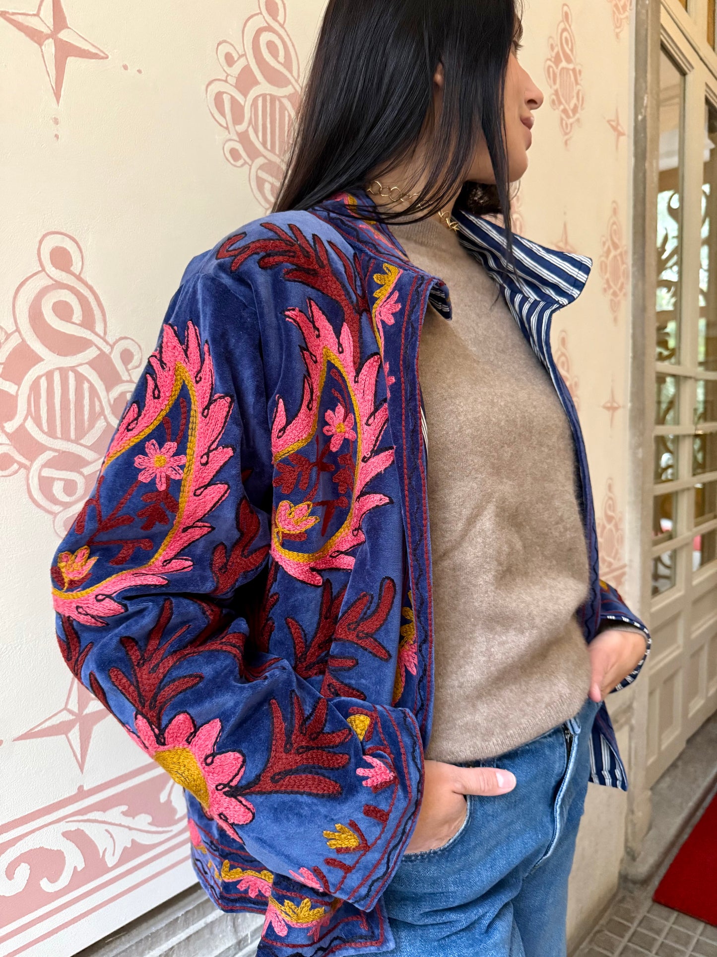 Flame Velvet Suzani Embroidered Jacket - Blue One Size