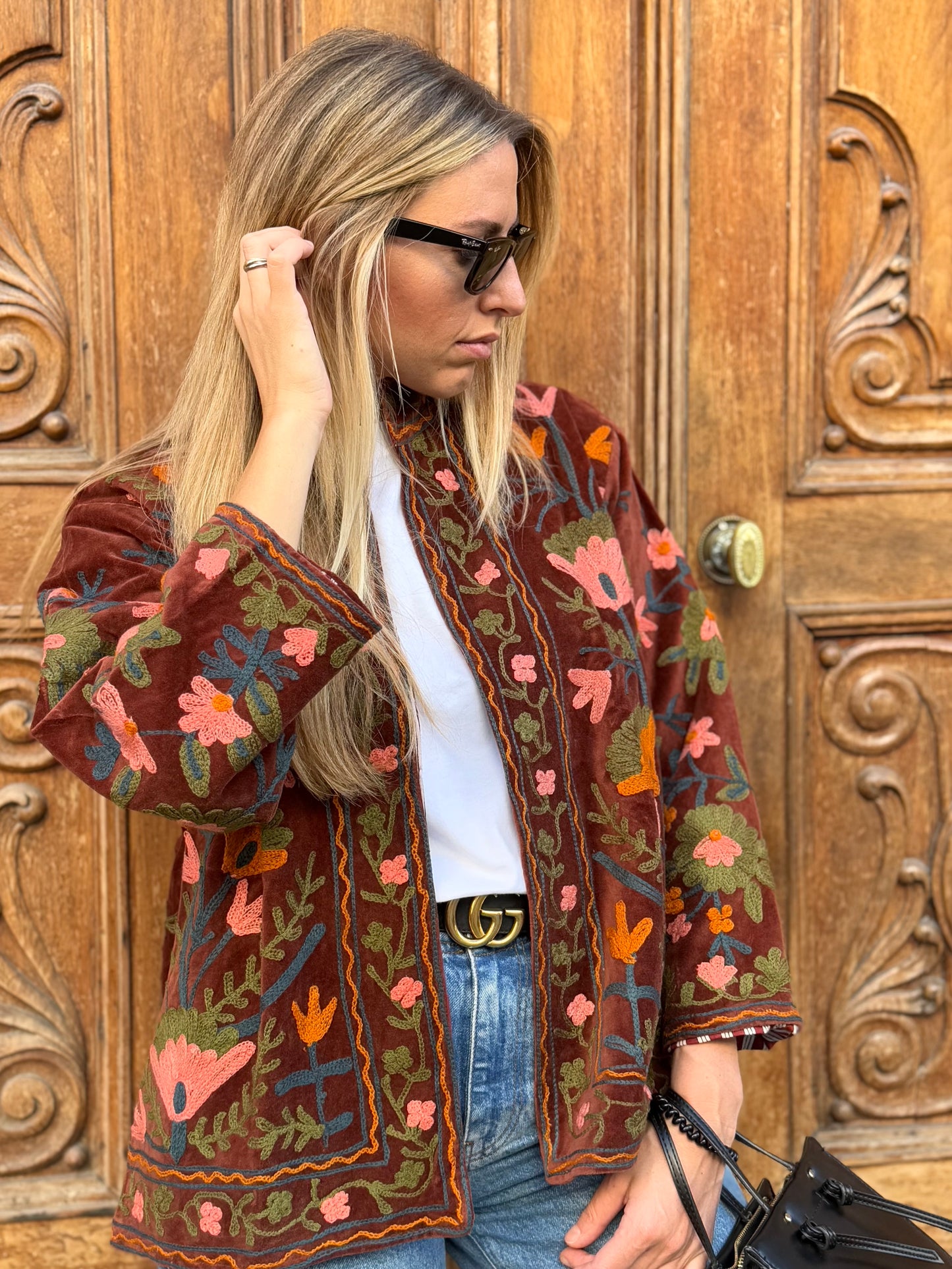 Velvet Suzani Embroidered Jacket - Brown