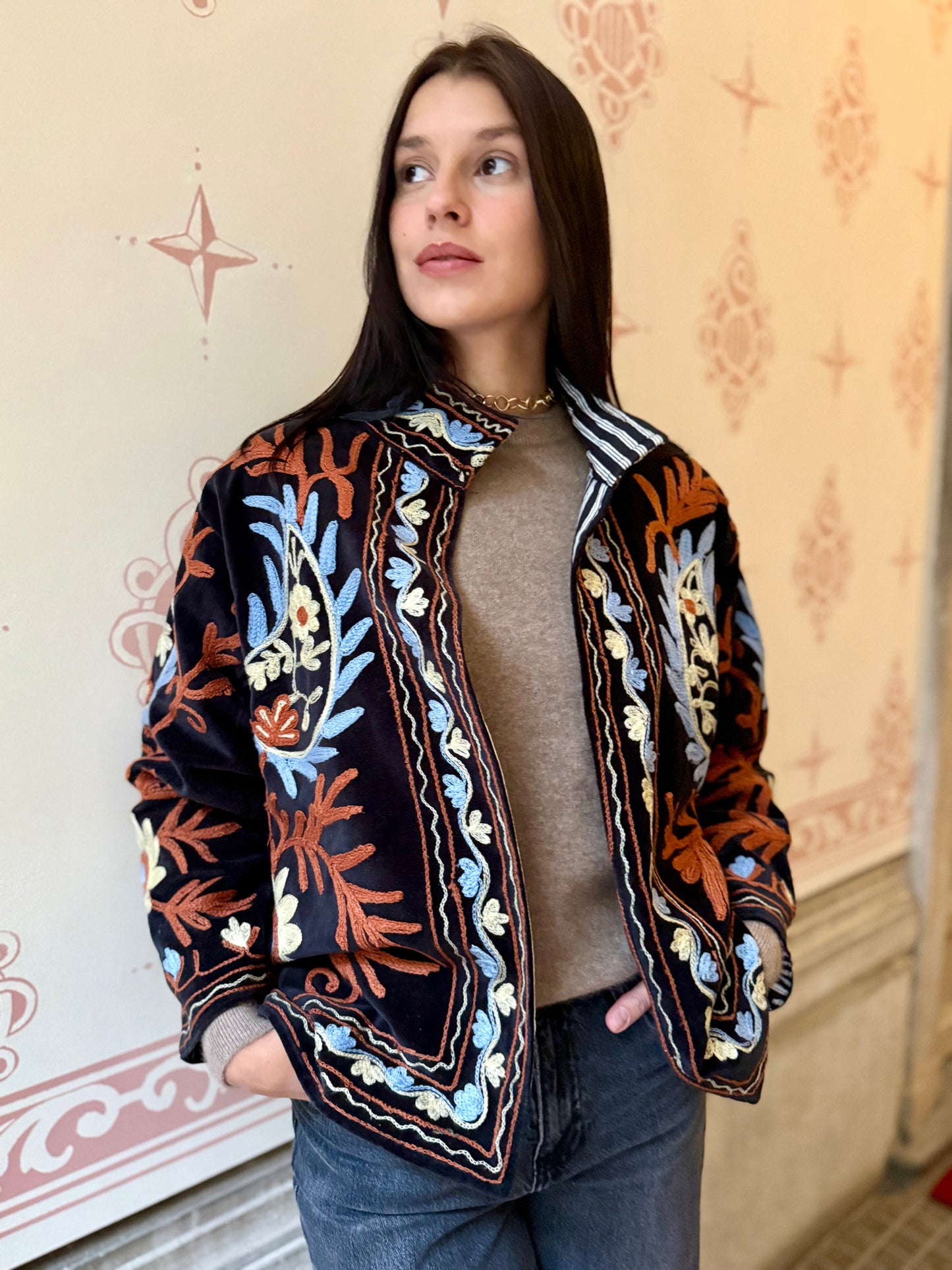 Flame Velvet Suzani Embroidered Jacket - Black One Size