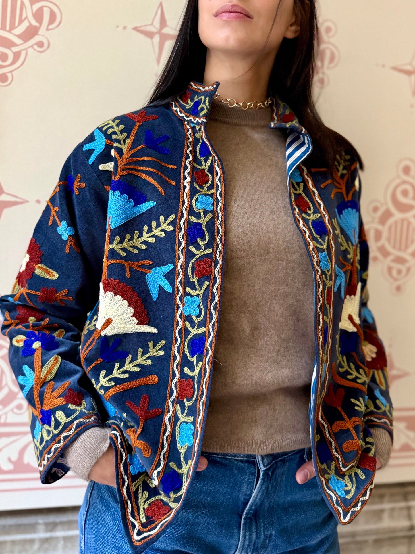 Velvet Suzani Embroidered Jacket - Grey One Size