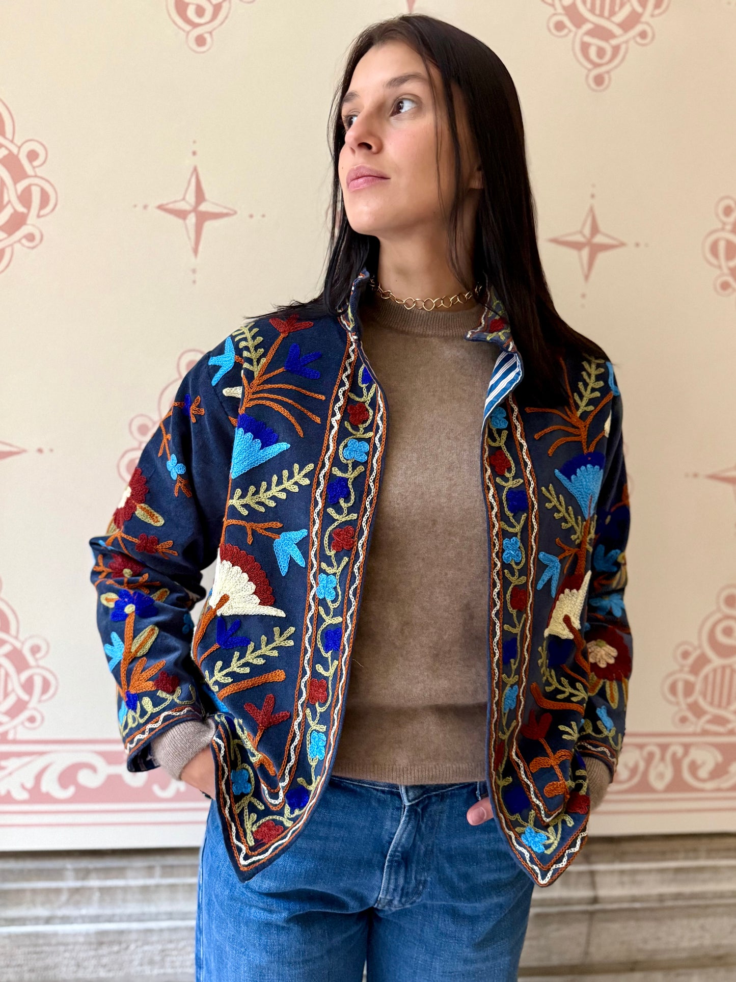Velvet Suzani Embroidered Jacket - Grey One Size