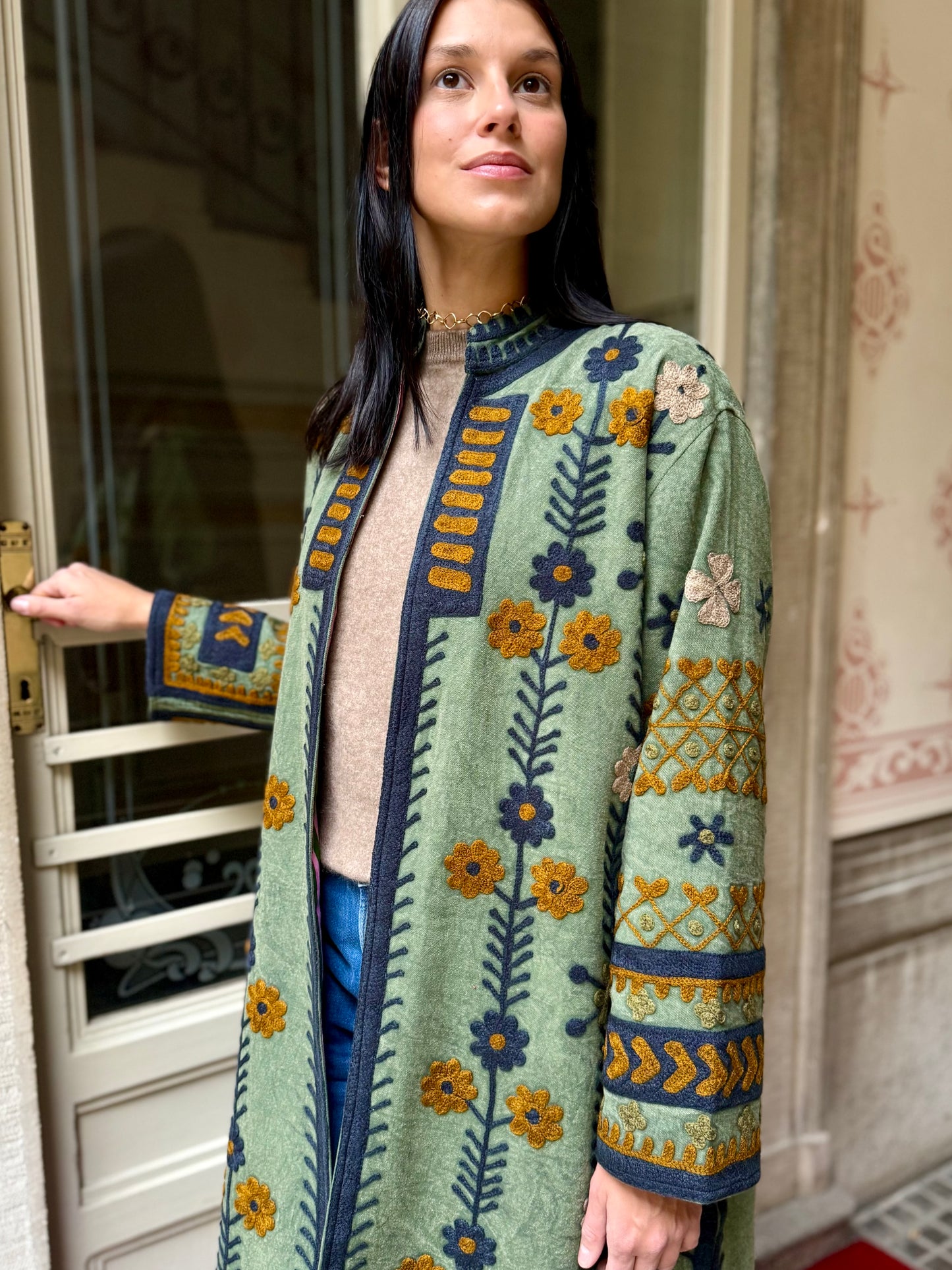 Embroidered Stone Washed Coat - One Size