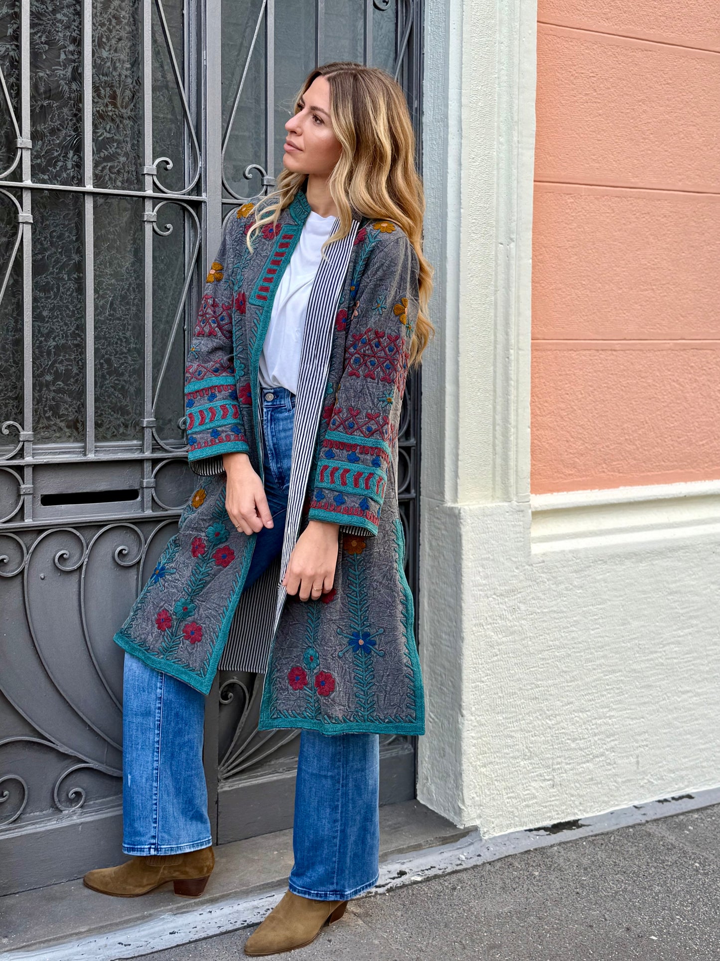 Embroidered Stone Washed Coat - One Size