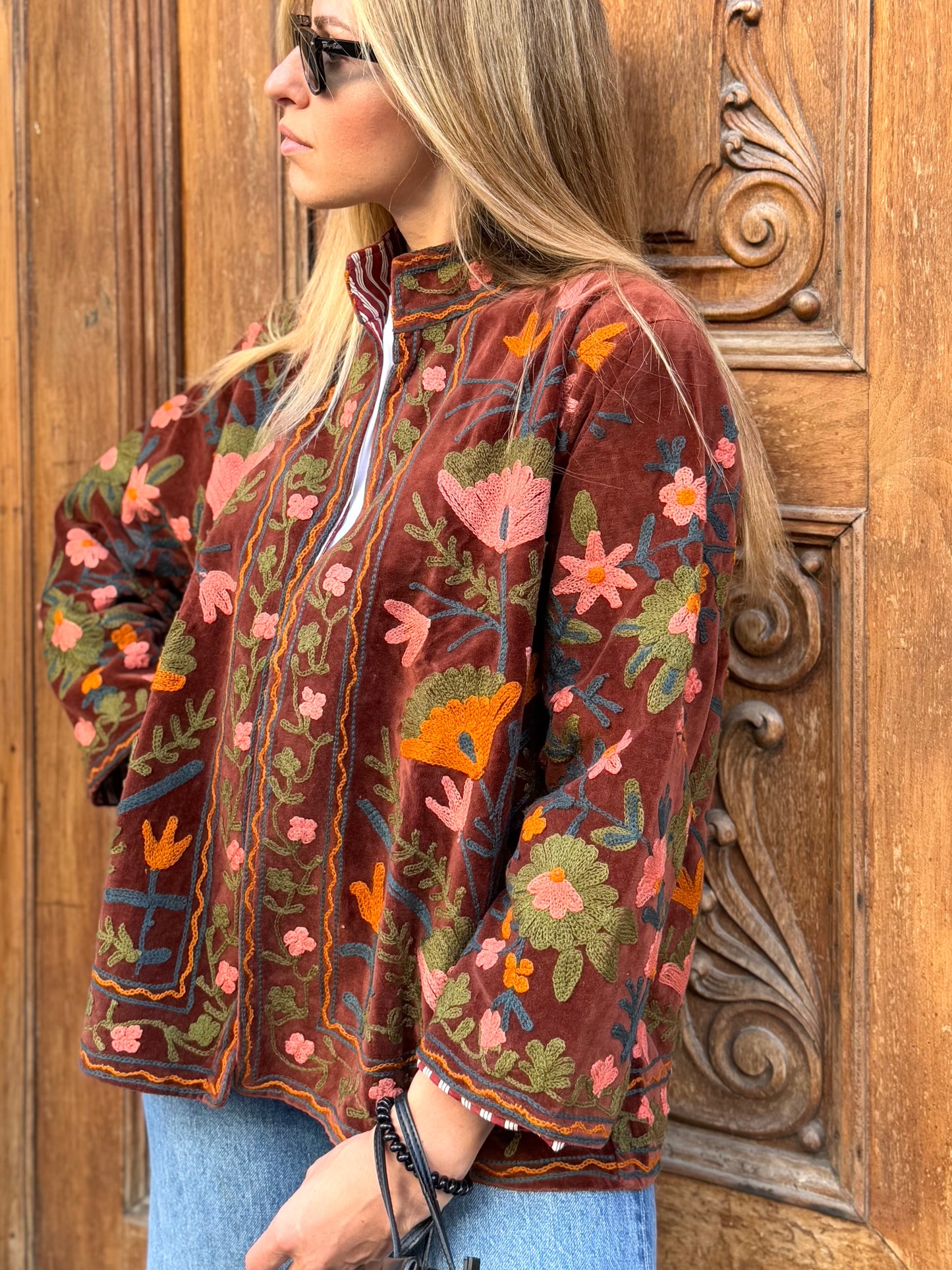 Velvet Suzani Embroidered Jacket - Brown