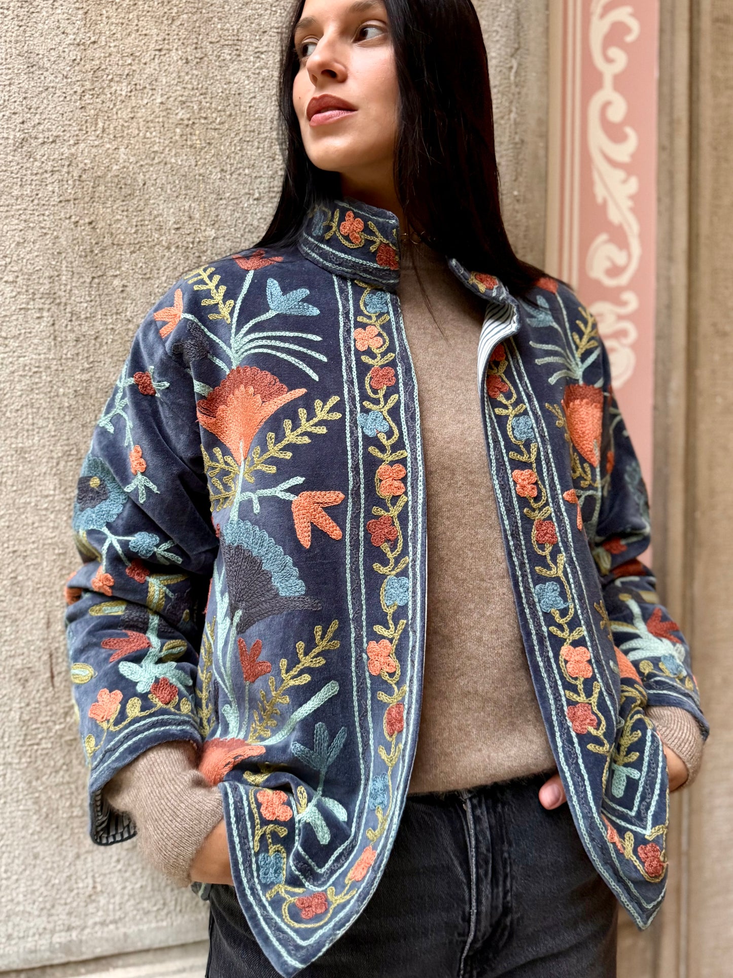 Velvet Suzani Embroidered Jacket - Grey One Size