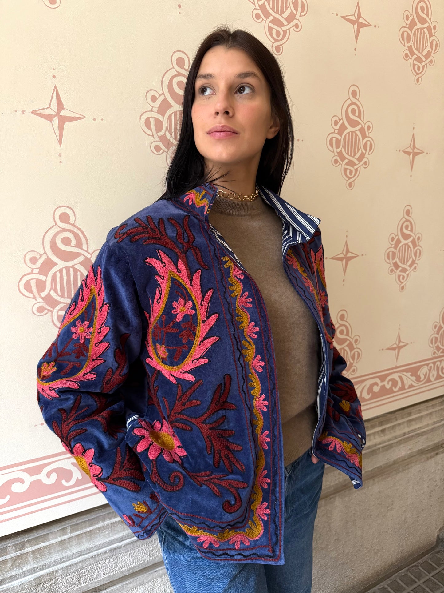 Flame Velvet Suzani Embroidered Jacket - Blue One Size