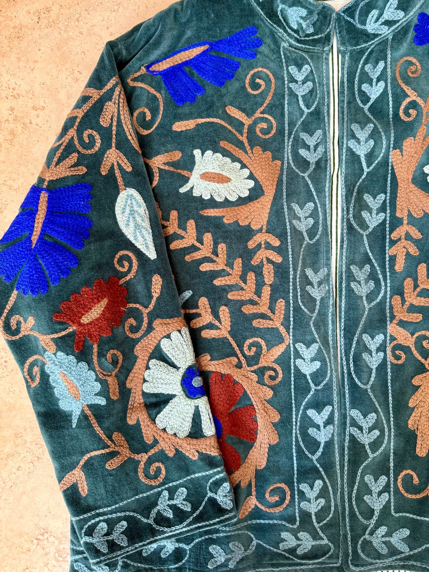 Velvet Suzani Embroidered Jacket - Forest Green One Size