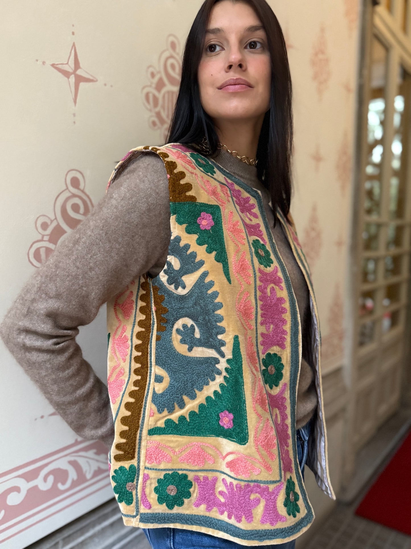 Cotton Embroidered Suzani Vest - Green Flower One Size