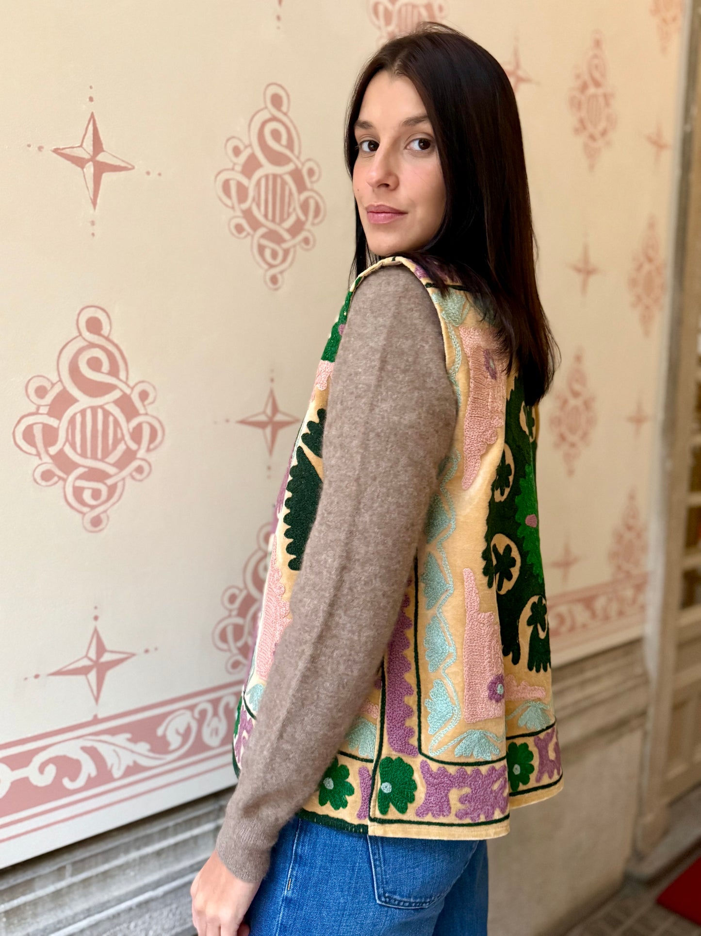 Cotton Embroidered Suzani Vest - Green Flower One Size