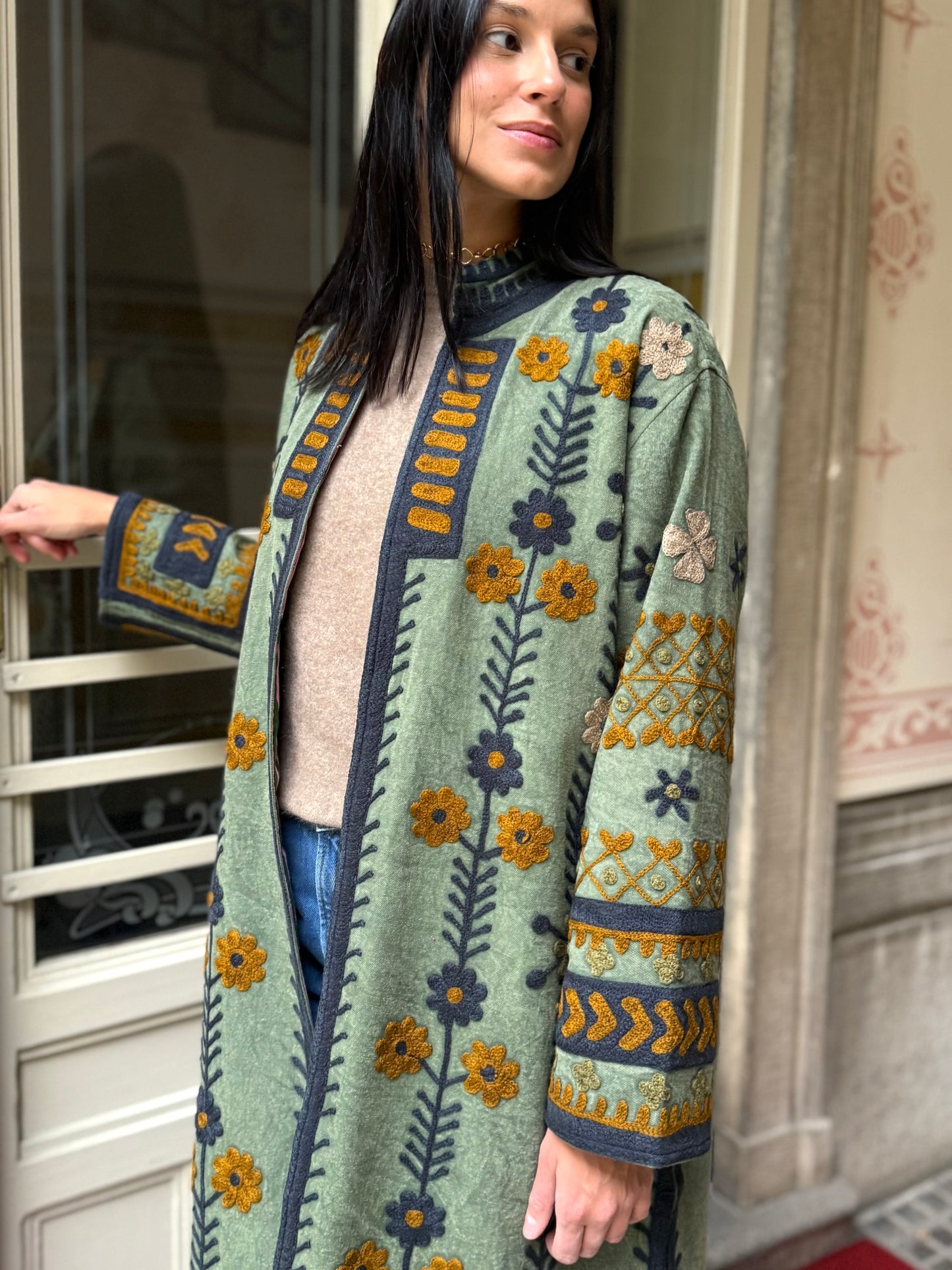 Embroidered Stone Washed Coat - One Size