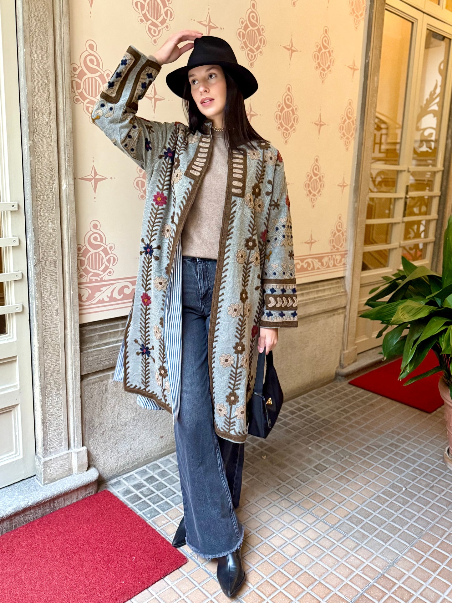 Embroidered Stone Washed Coat - One Size