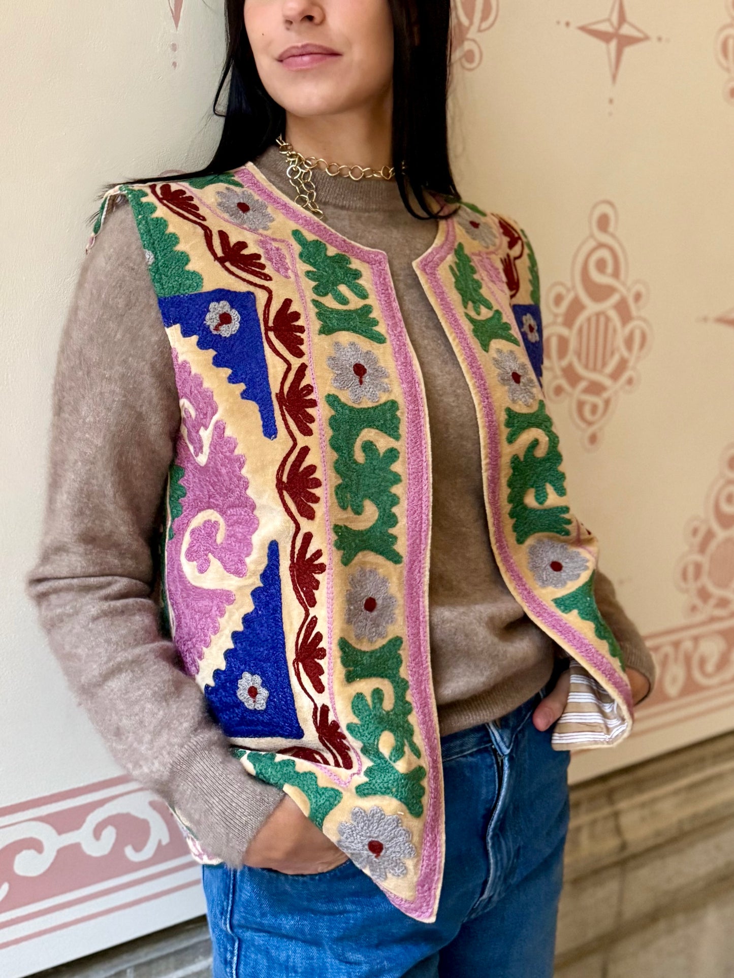 Cotton Embroidered Suzani Vest - Green Flower One Size