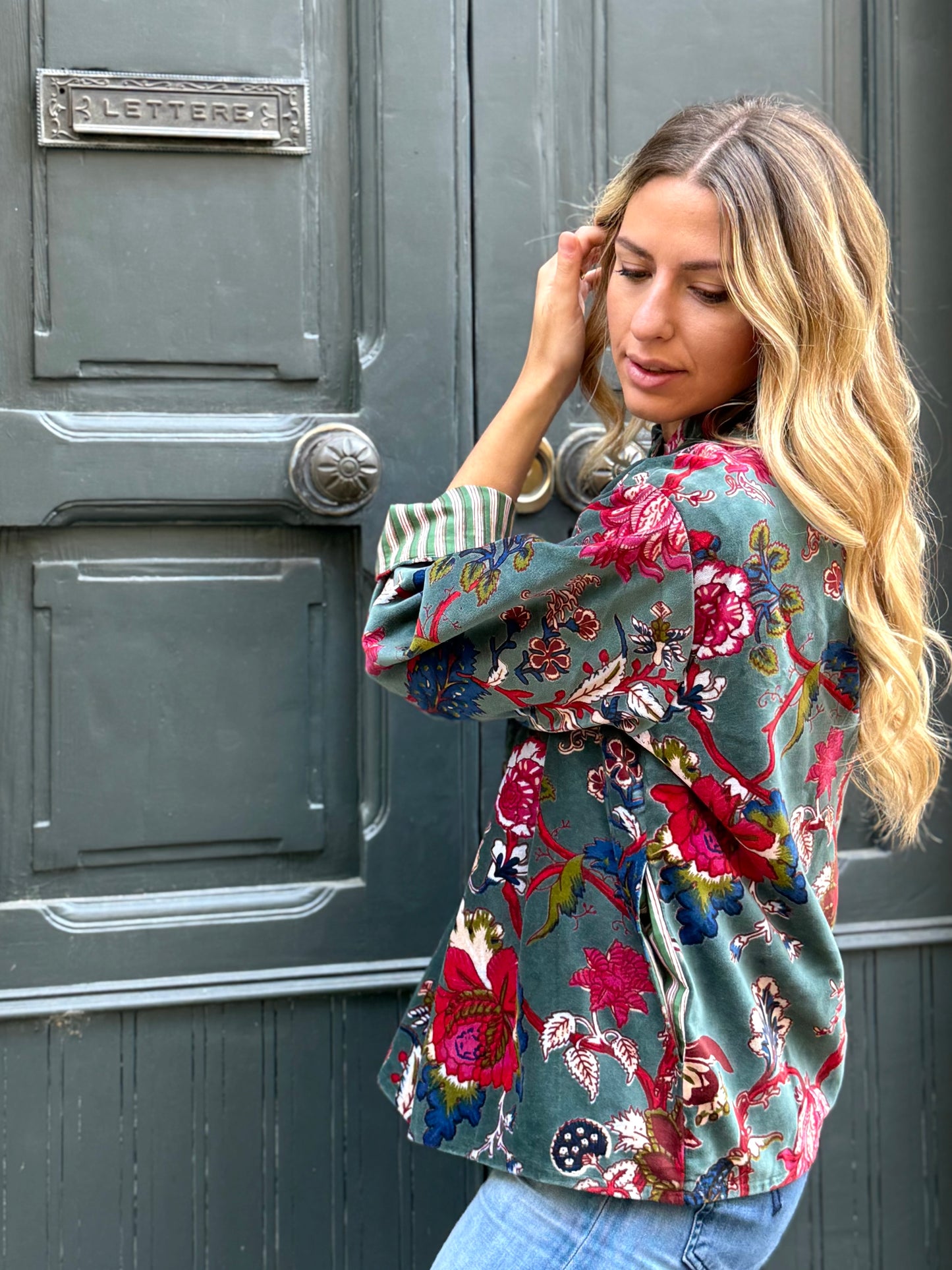 Velvet Kimono Jacket - Gray/Teal One Size
