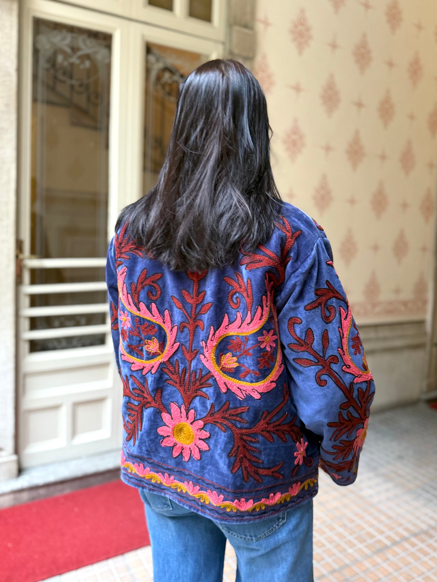 Flame Velvet Suzani Embroidered Jacket - Blue One Size