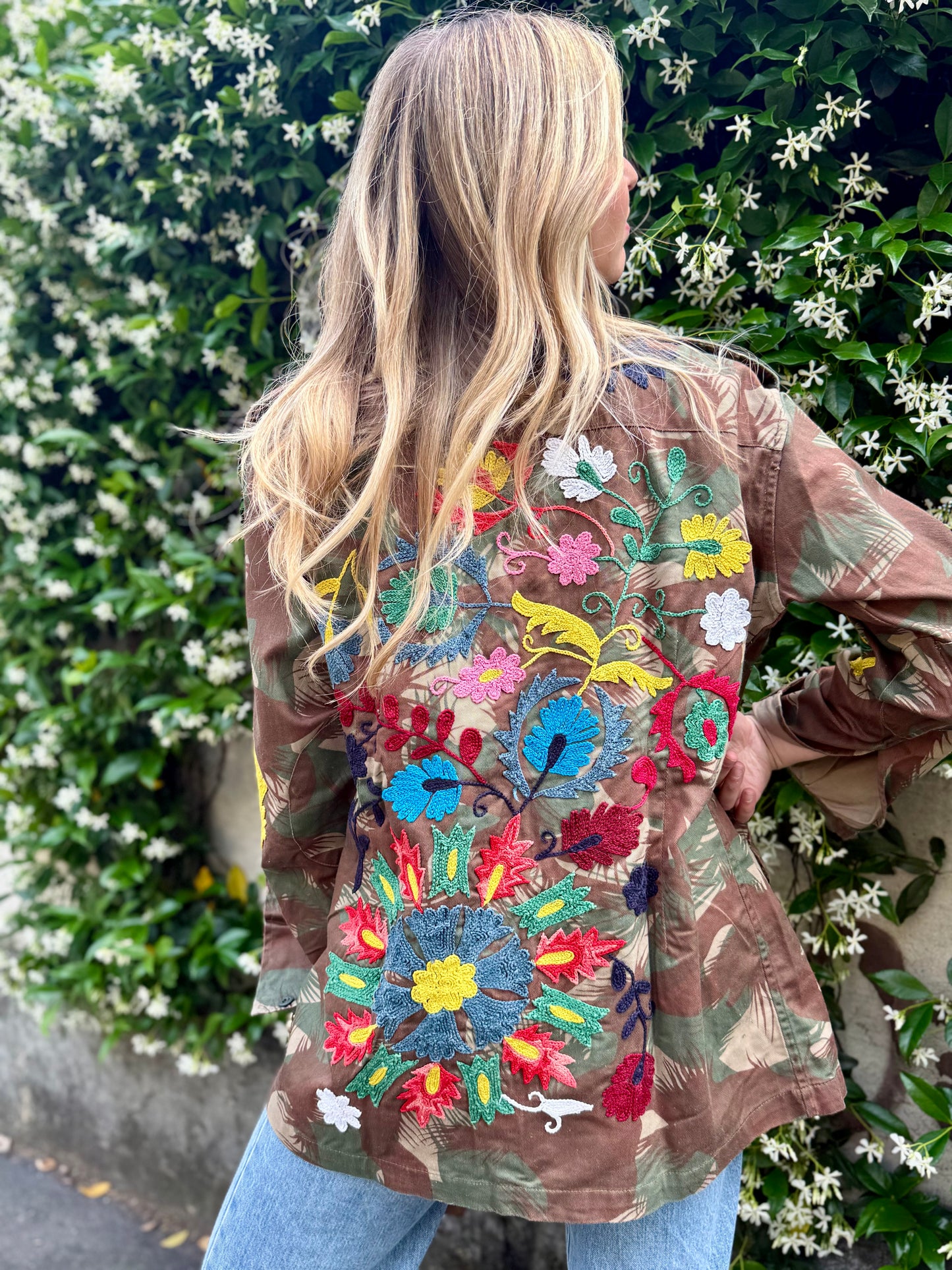 Vintage Army Jacket hand embroidered - Pansy