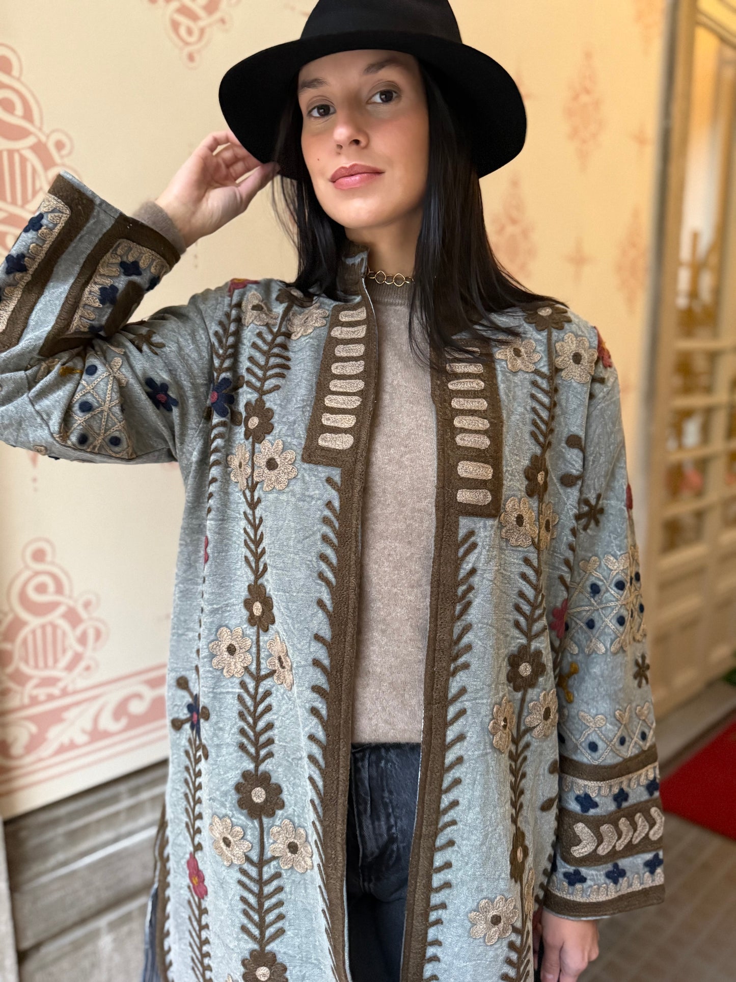 Embroidered Stone Washed Coat - One Size
