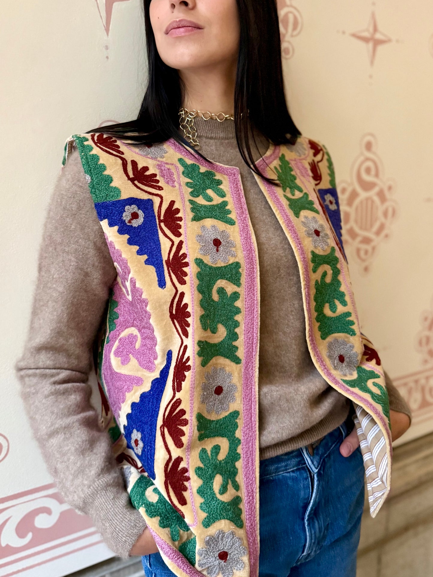 Cotton Embroidered Suzani Vest - Green Flower One Size