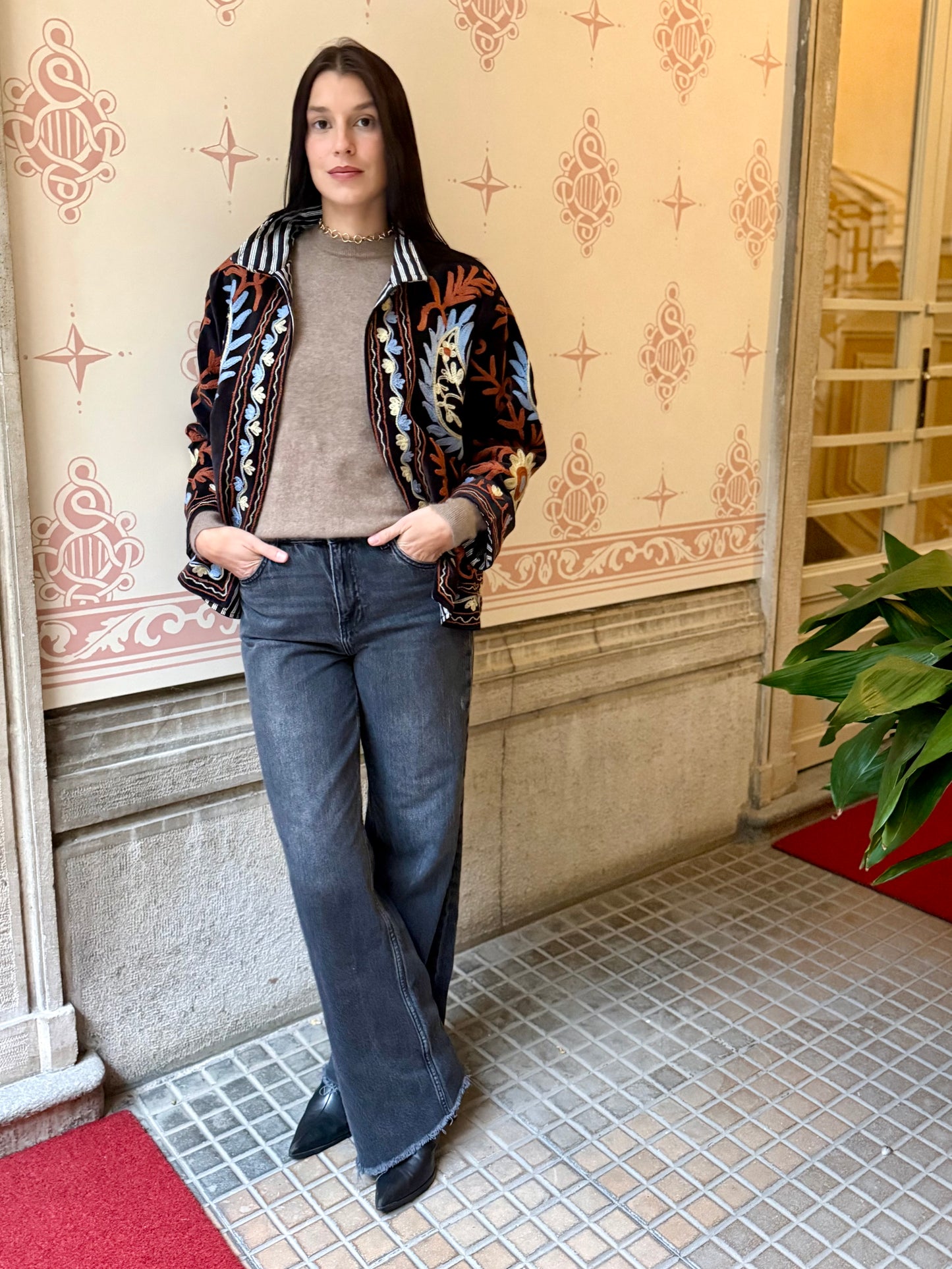 Flame Velvet Suzani Embroidered Jacket - Black One Size
