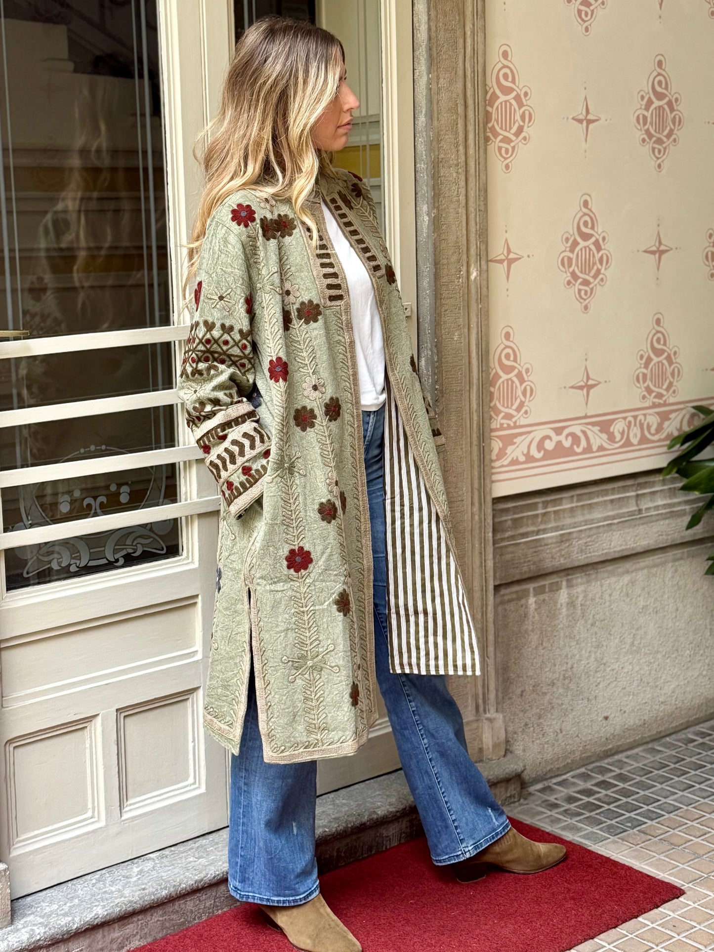 Embroidered Stone Washed Coat - One Size