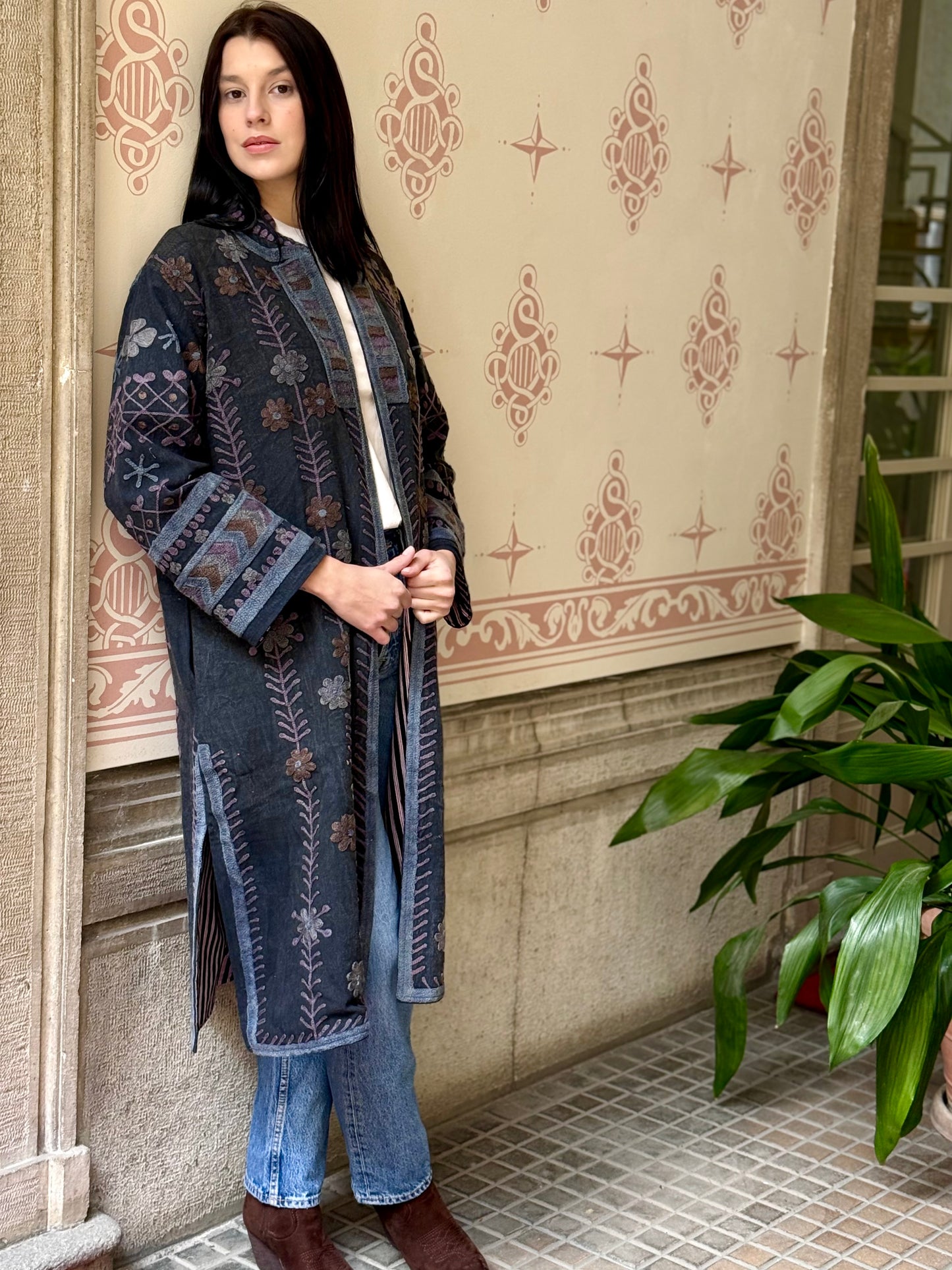 Embroidered Stone Washed Coat - One Size