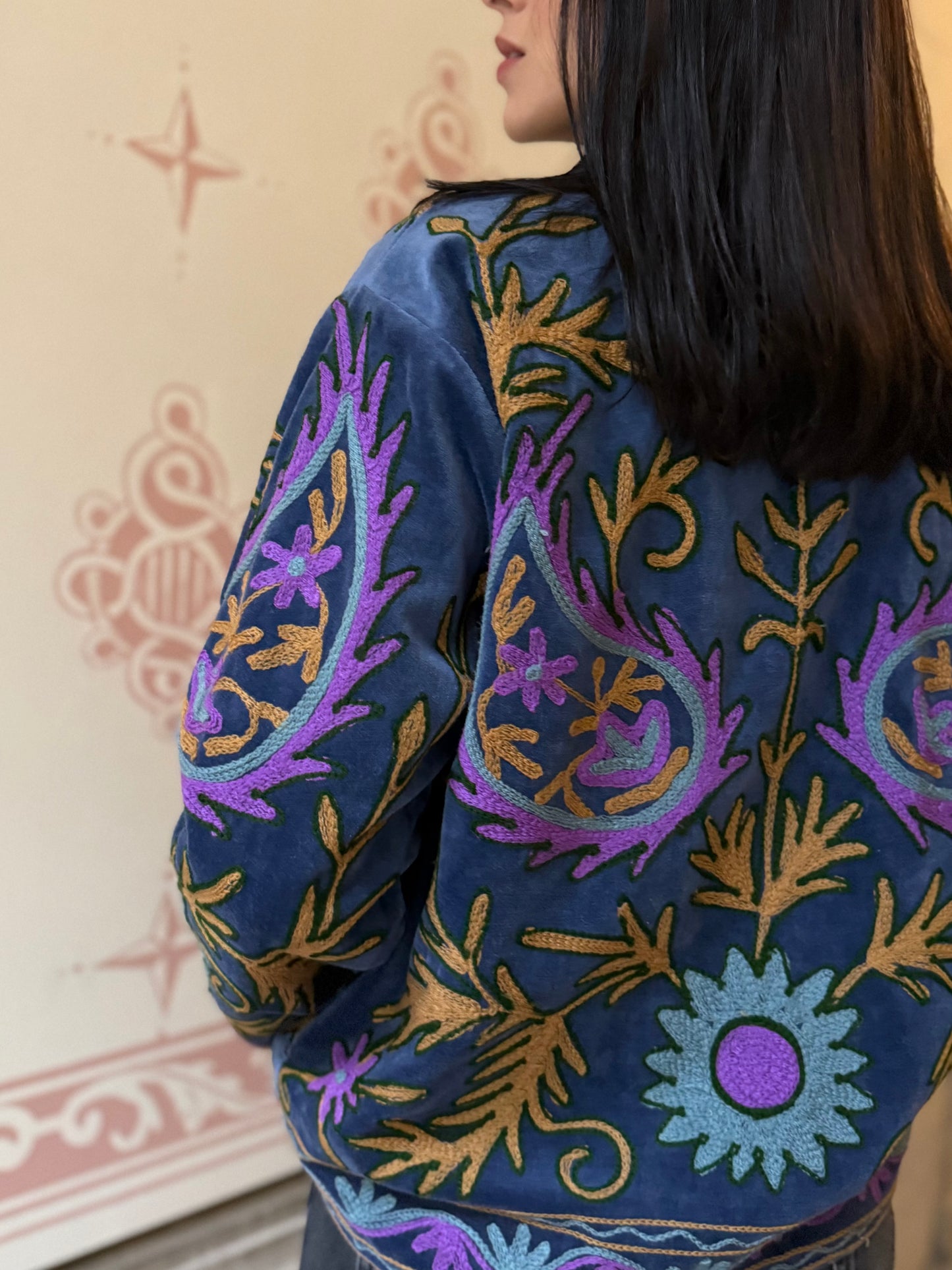 Flame Velvet Suzani Embroidered Jacket - Blue One Size