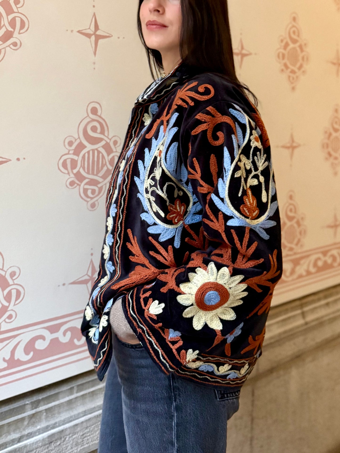 Flame Velvet Suzani Embroidered Jacket - Black One Size