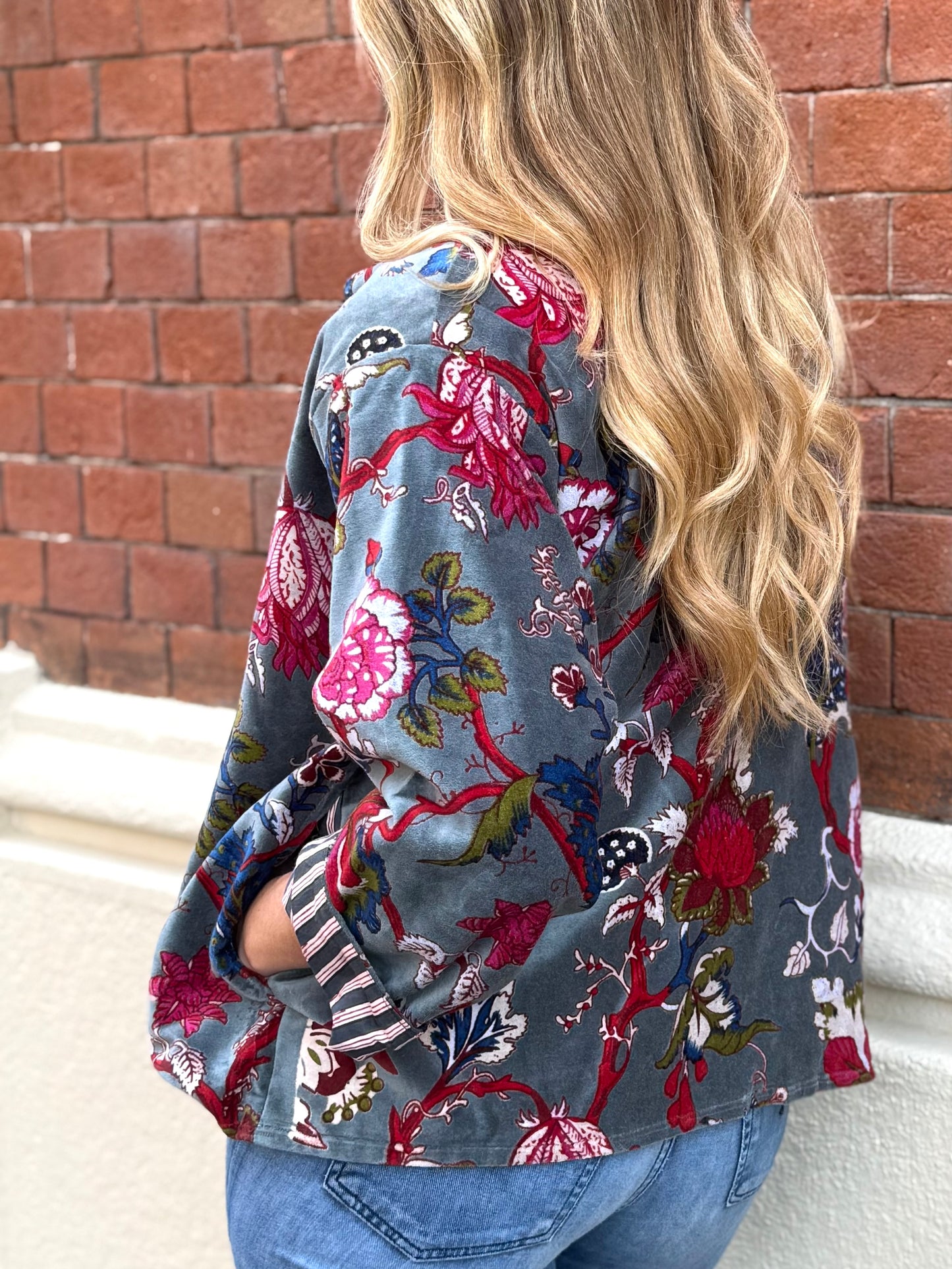 Velvet Kimono Jacket - Gray/Teal One Size