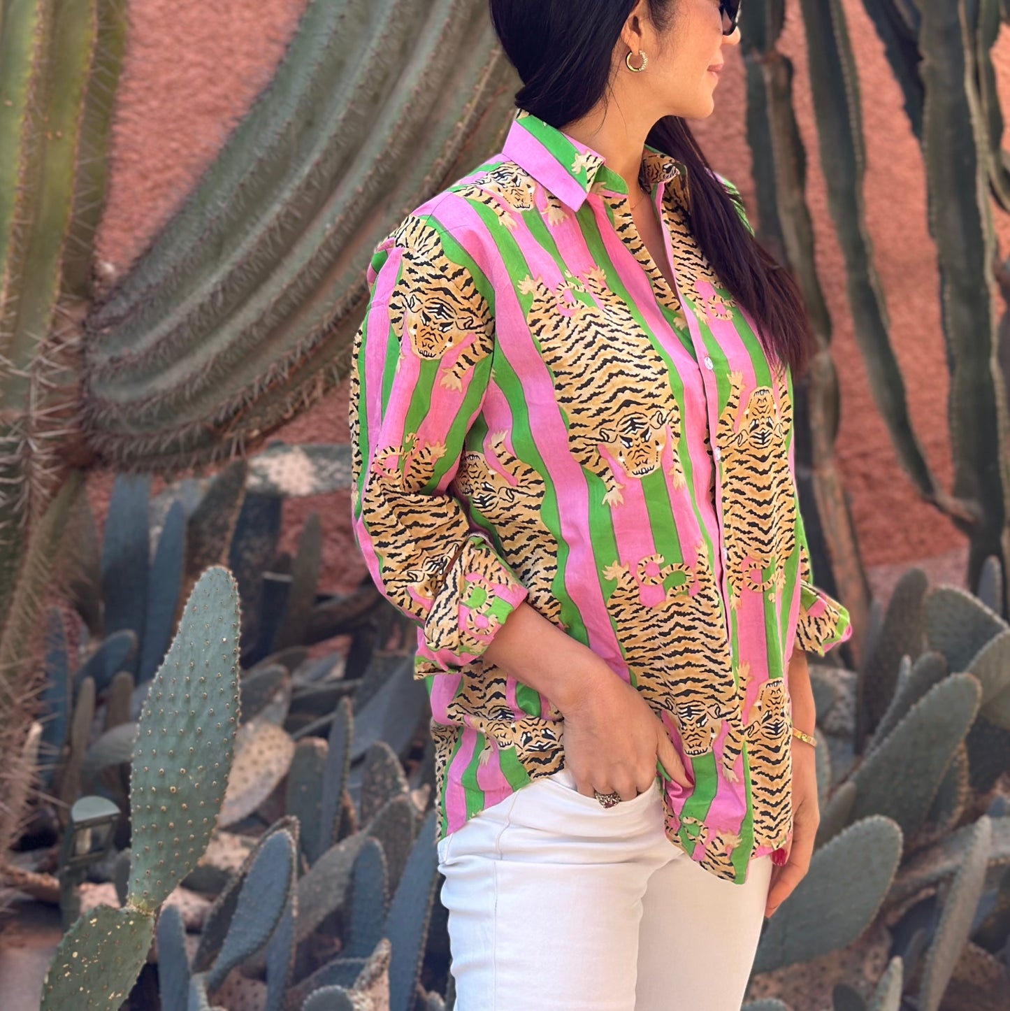 Camicia in cotone organico - Tigre Tibetana su righe