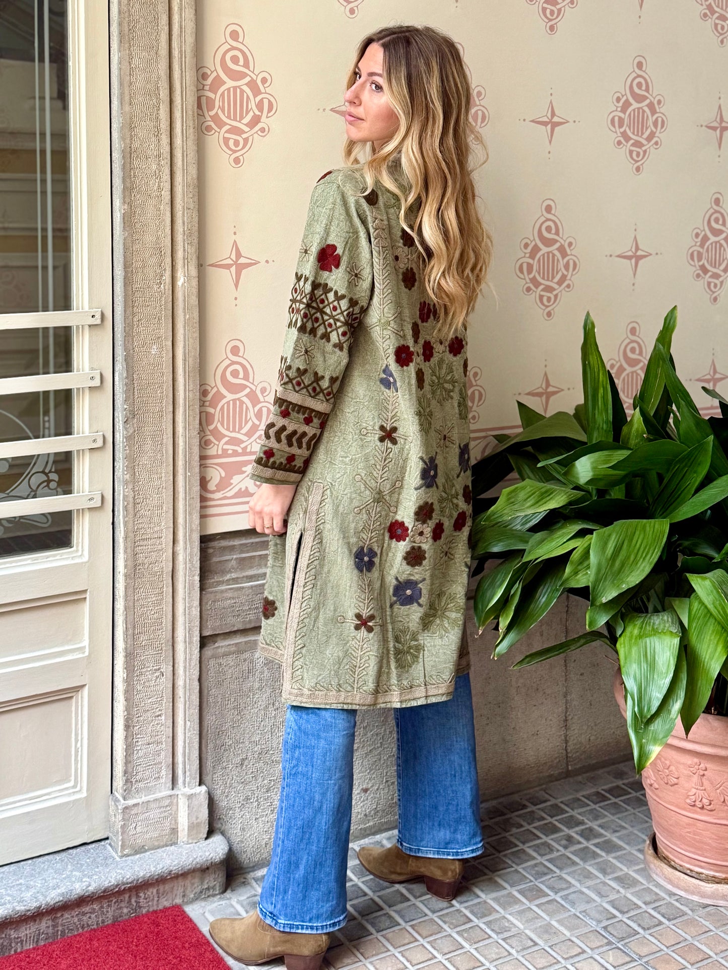 Embroidered Stone Washed Coat - One Size
