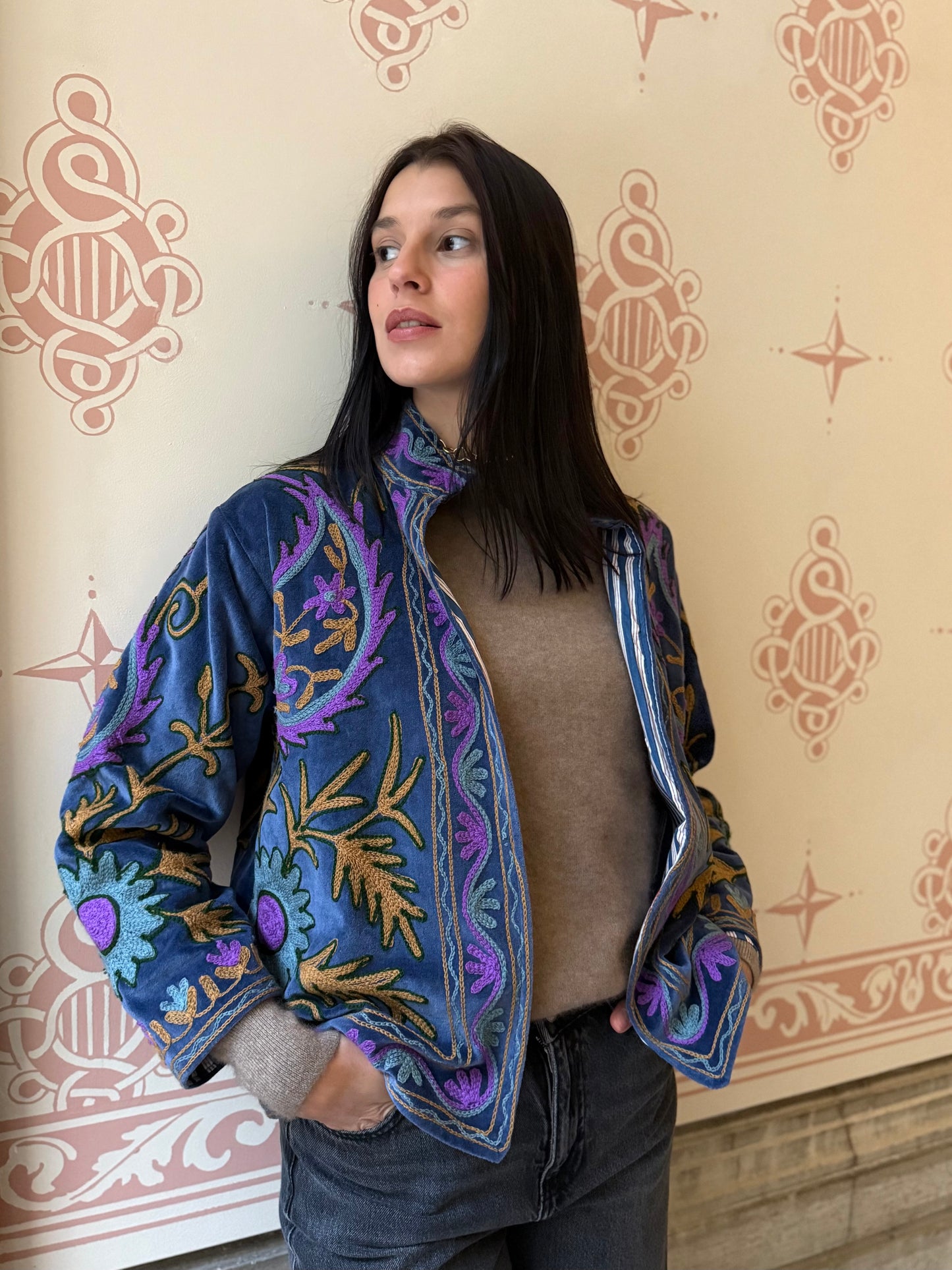 Flame Velvet Suzani Embroidered Jacket - Blue One Size