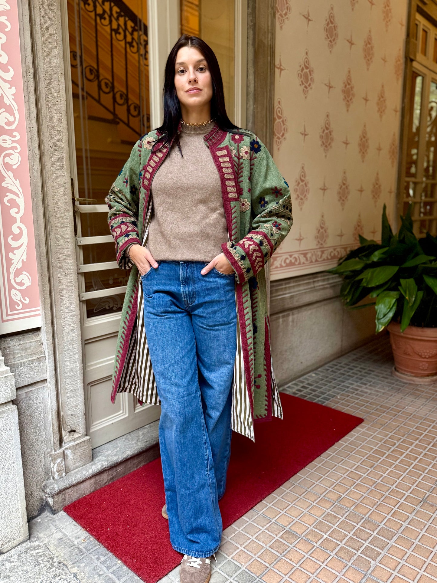 Embroidered Stone Washed Coat - One Size