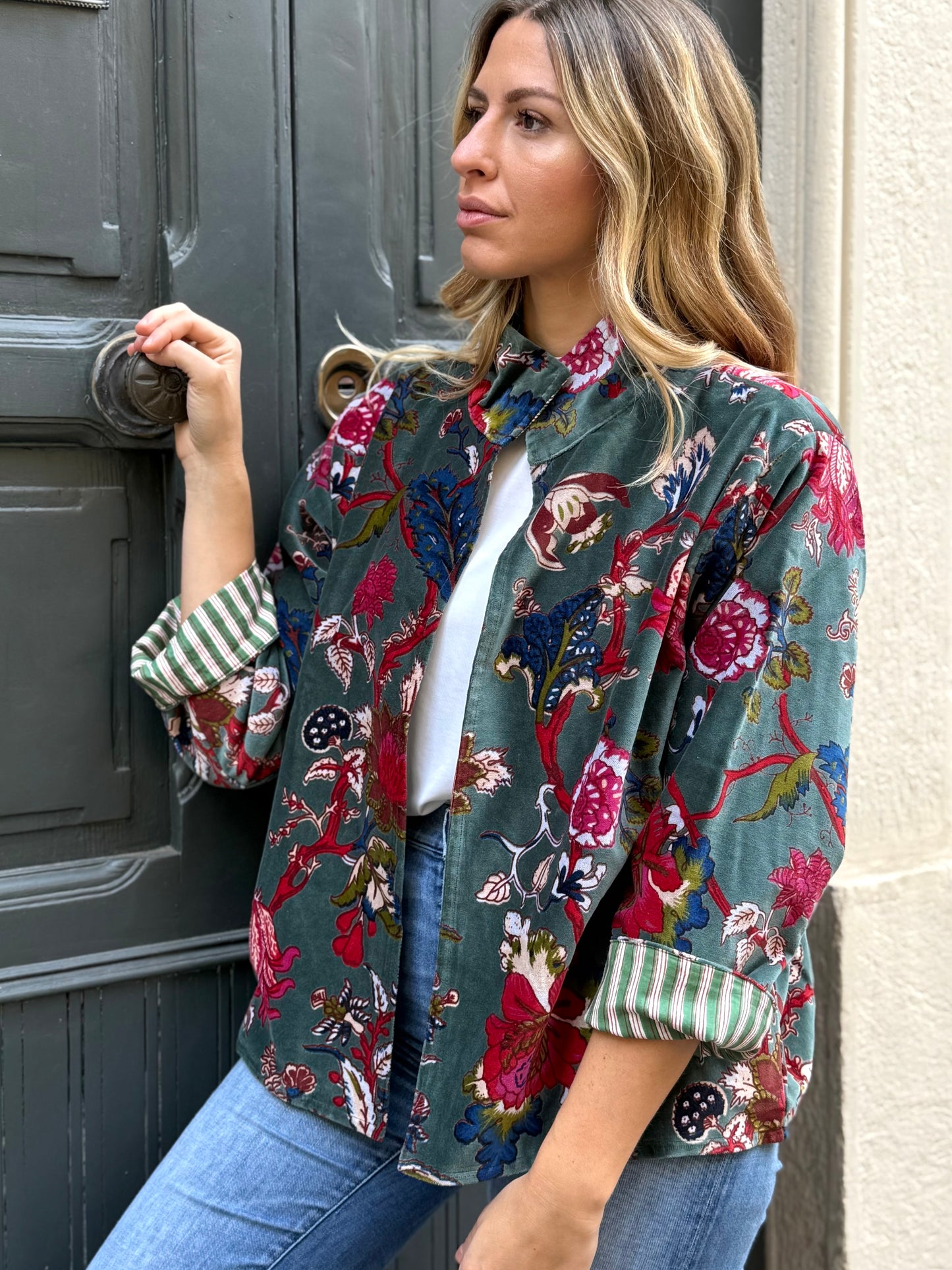 Velvet Kimono Jacket - Gray/Teal One Size