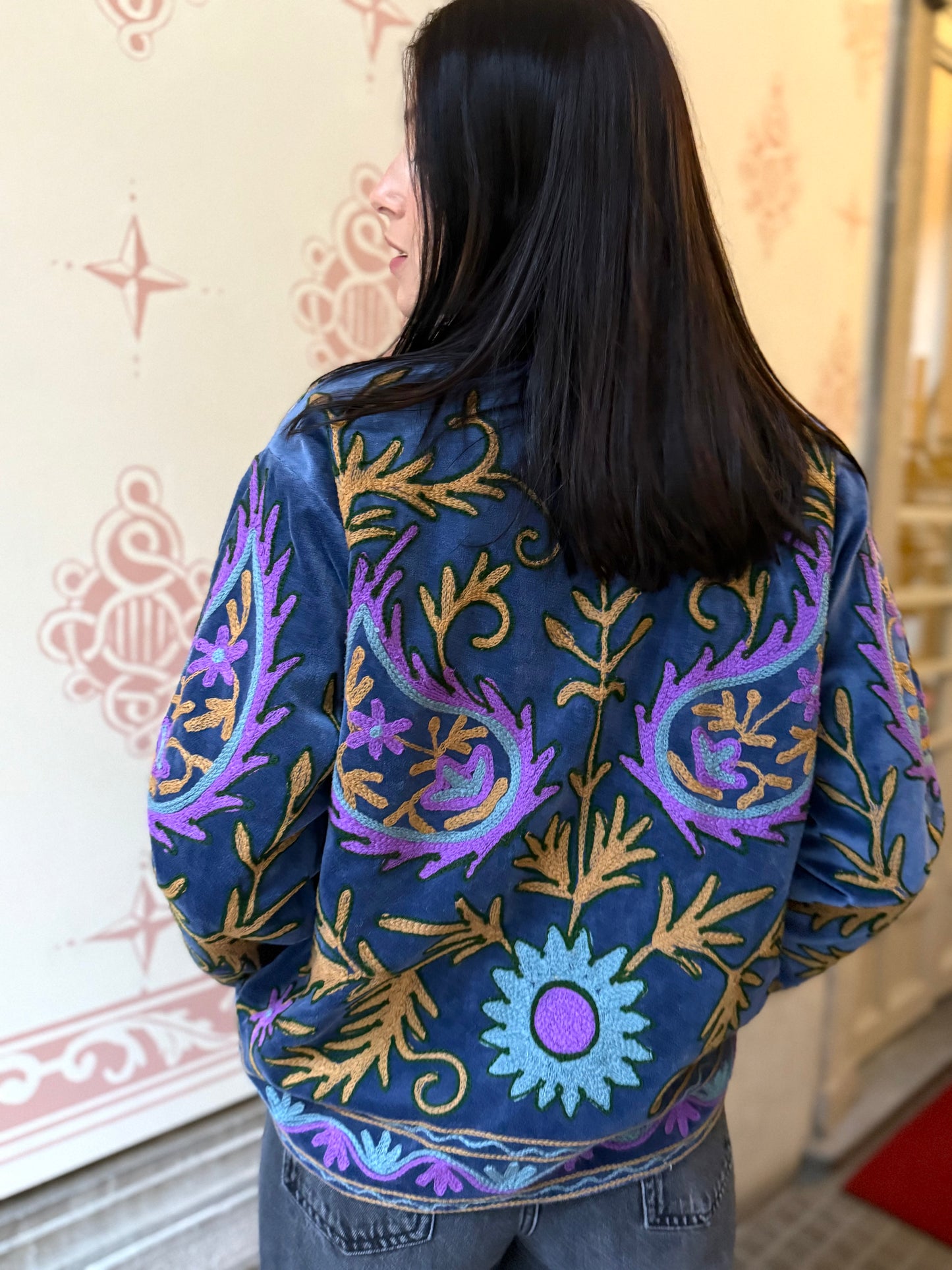 Flame Velvet Suzani Embroidered Jacket - Blue One Size
