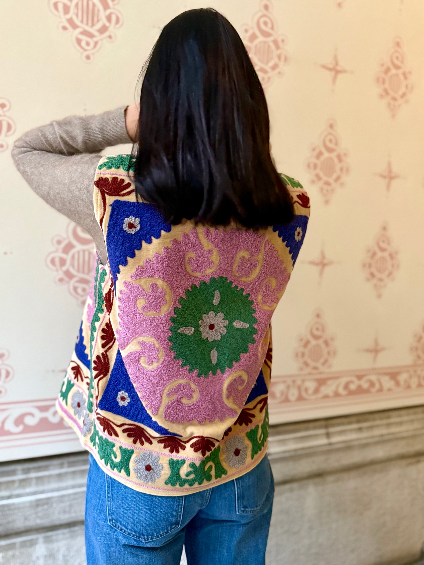 Cotton Embroidered Suzani Vest - Green Flower One Size