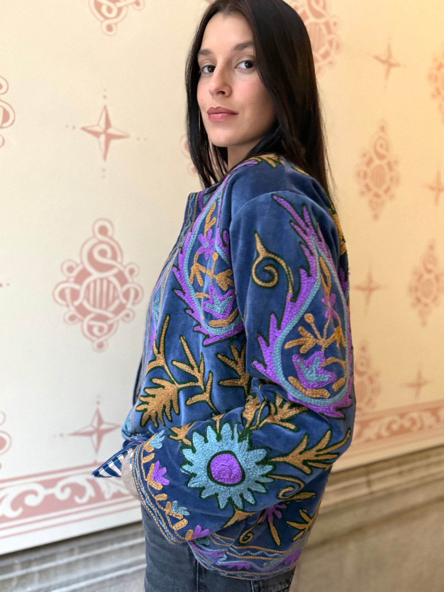 Flame Velvet Suzani Embroidered Jacket - Blue One Size