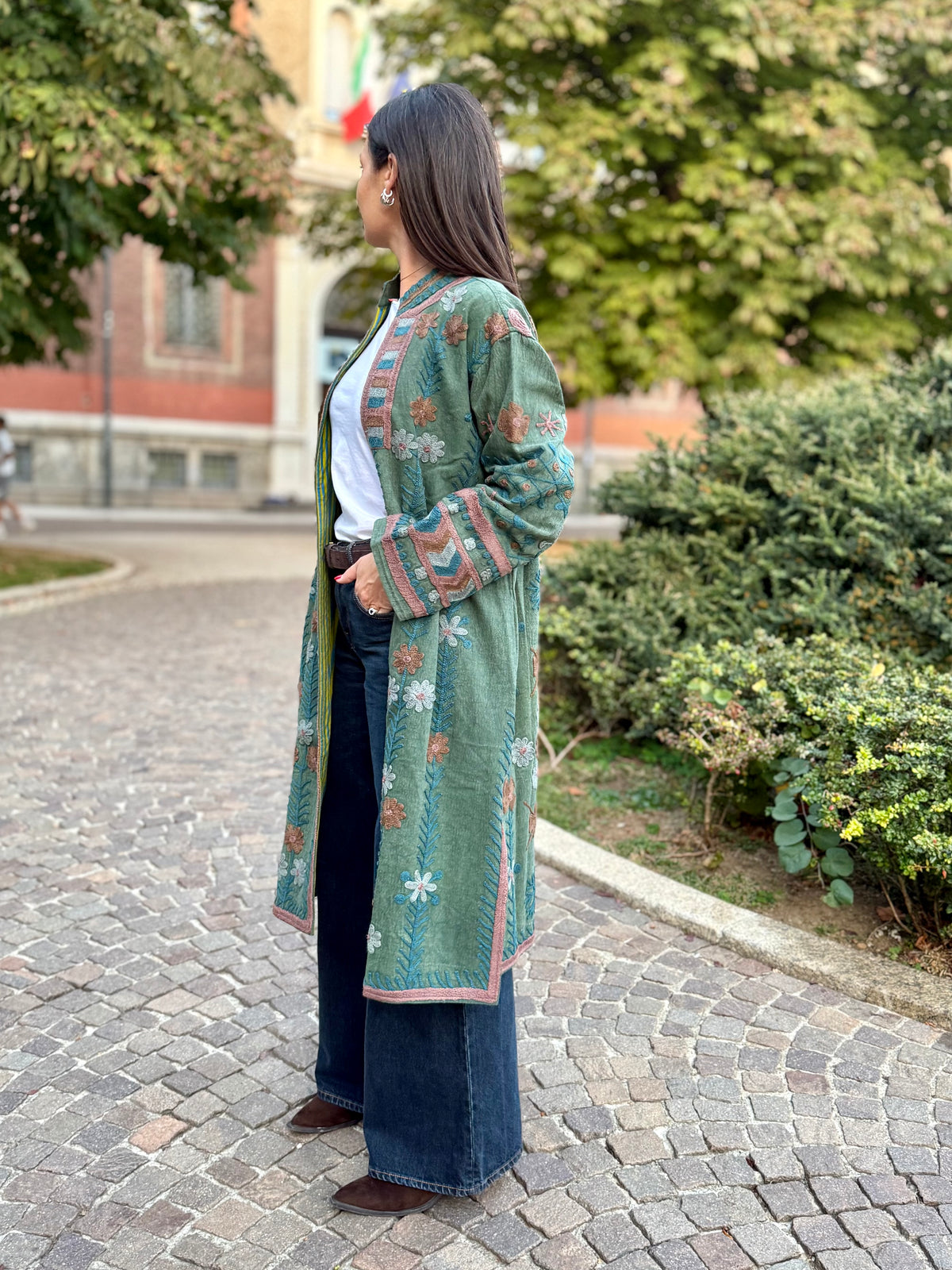 Embroidered Stone Washed Coat - One Size