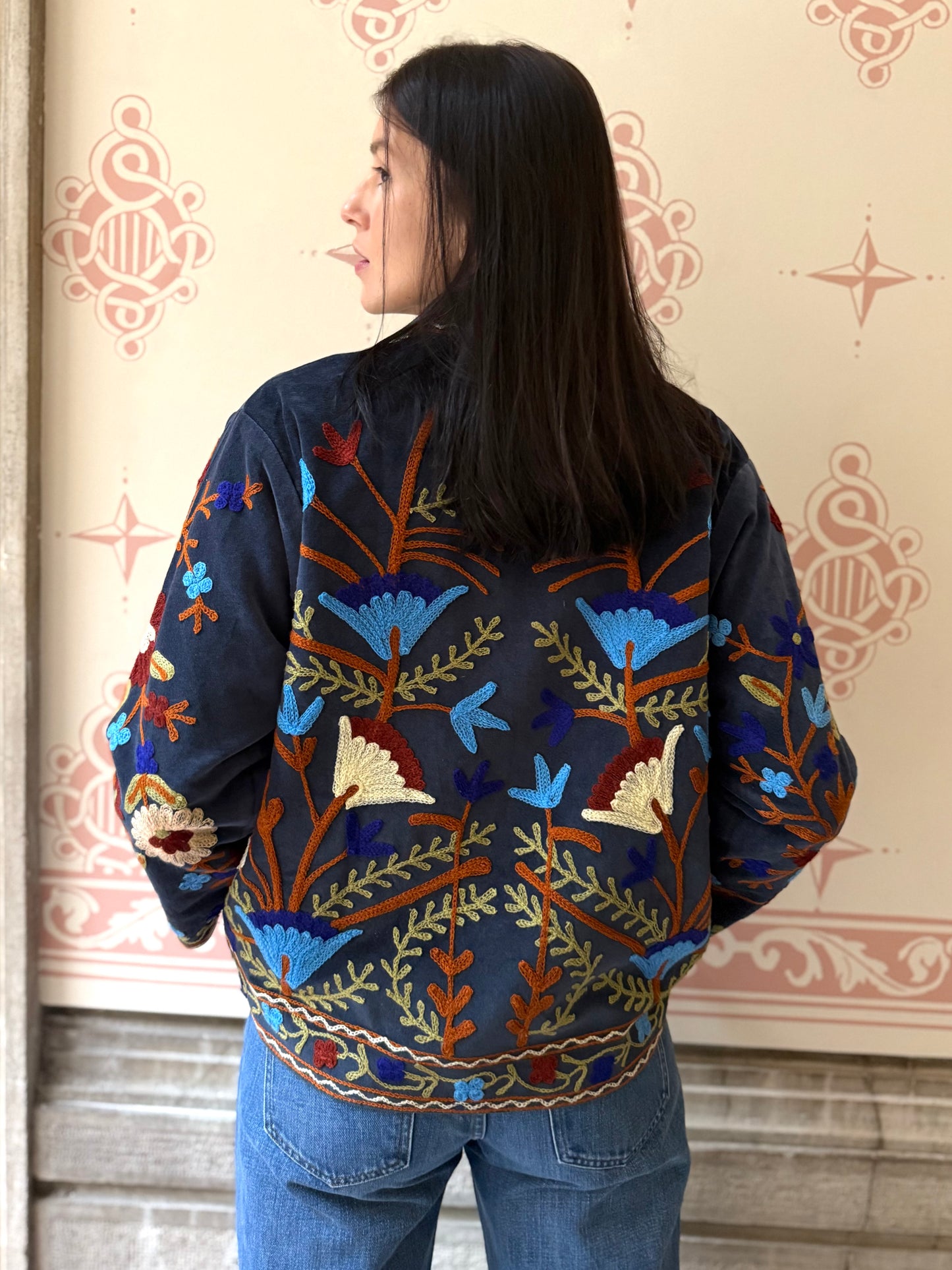 Velvet Suzani Embroidered Jacket - Grey One Size