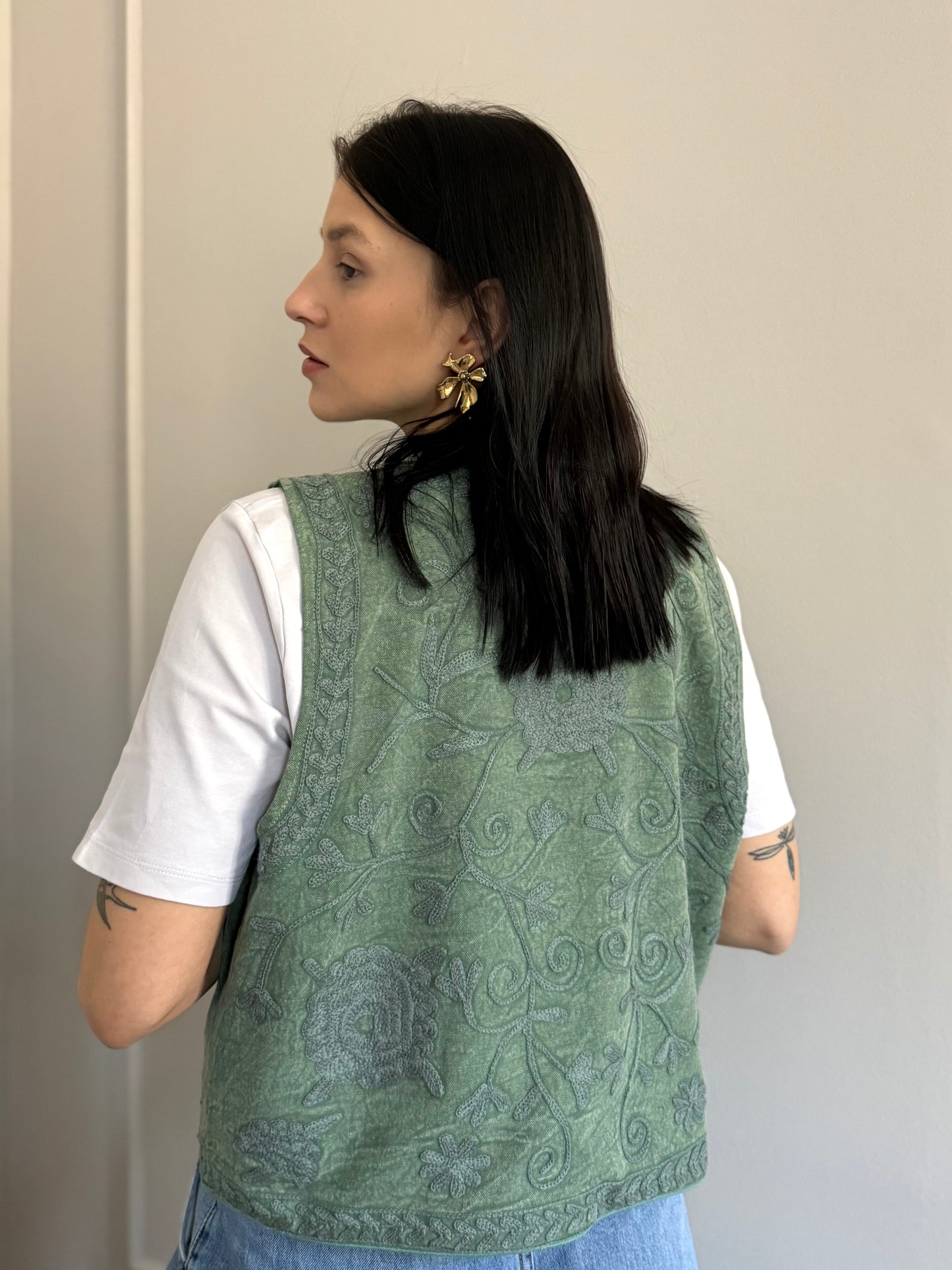 Cotton Boho Embroidered Vest - Green