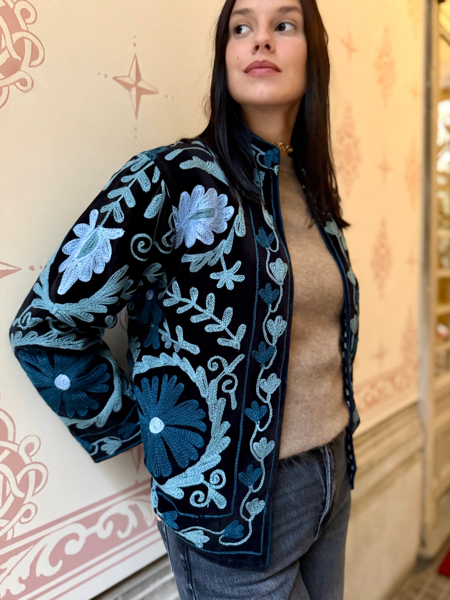 Velvet Suzani Embroidered Jacket - Black Small