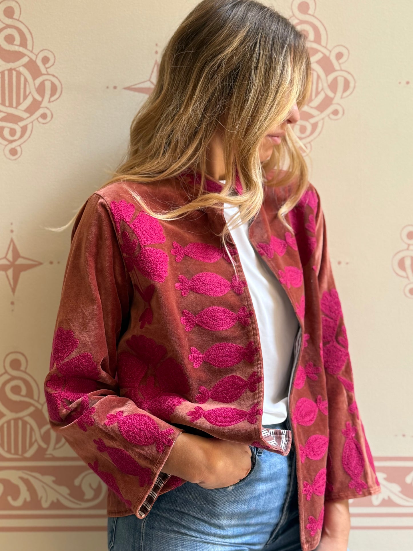 Flower Velvet Jacket - Fuchsia Medium