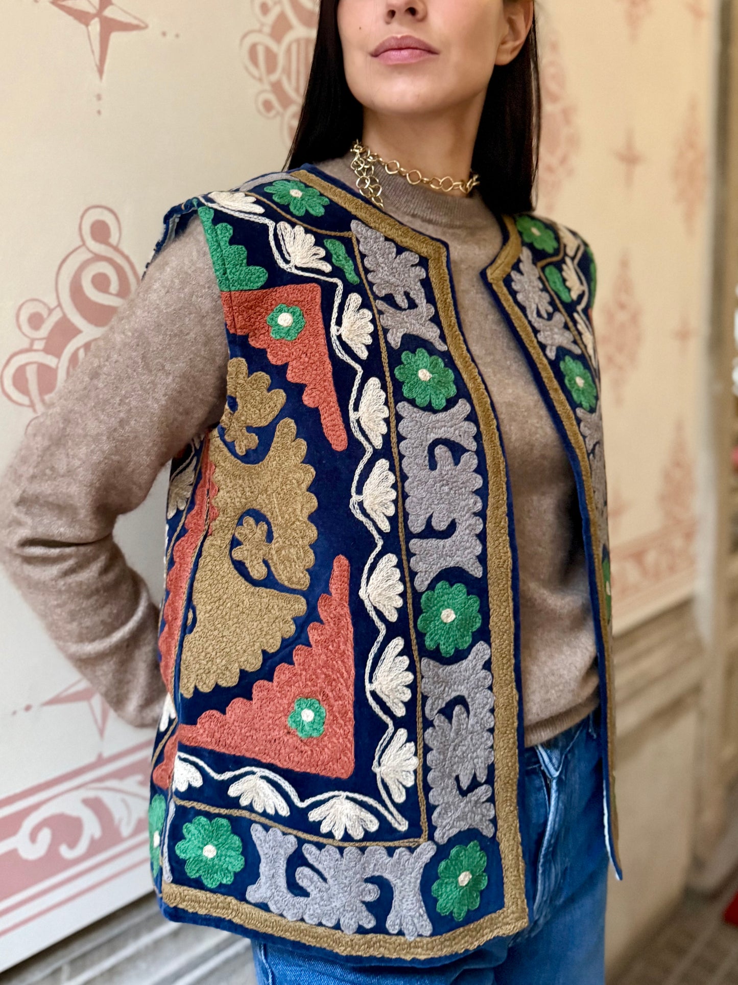 Cotton Embroidered Suzani Vest - Blue One Size