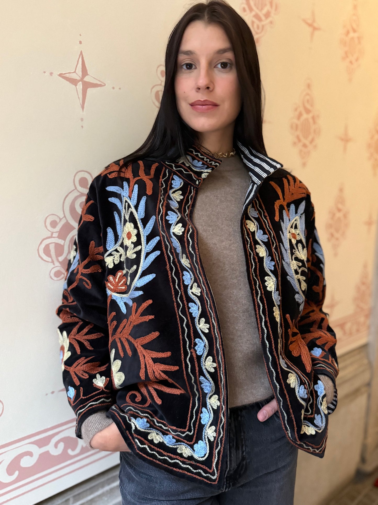 Flame Velvet Suzani Embroidered Jacket - Black One Size