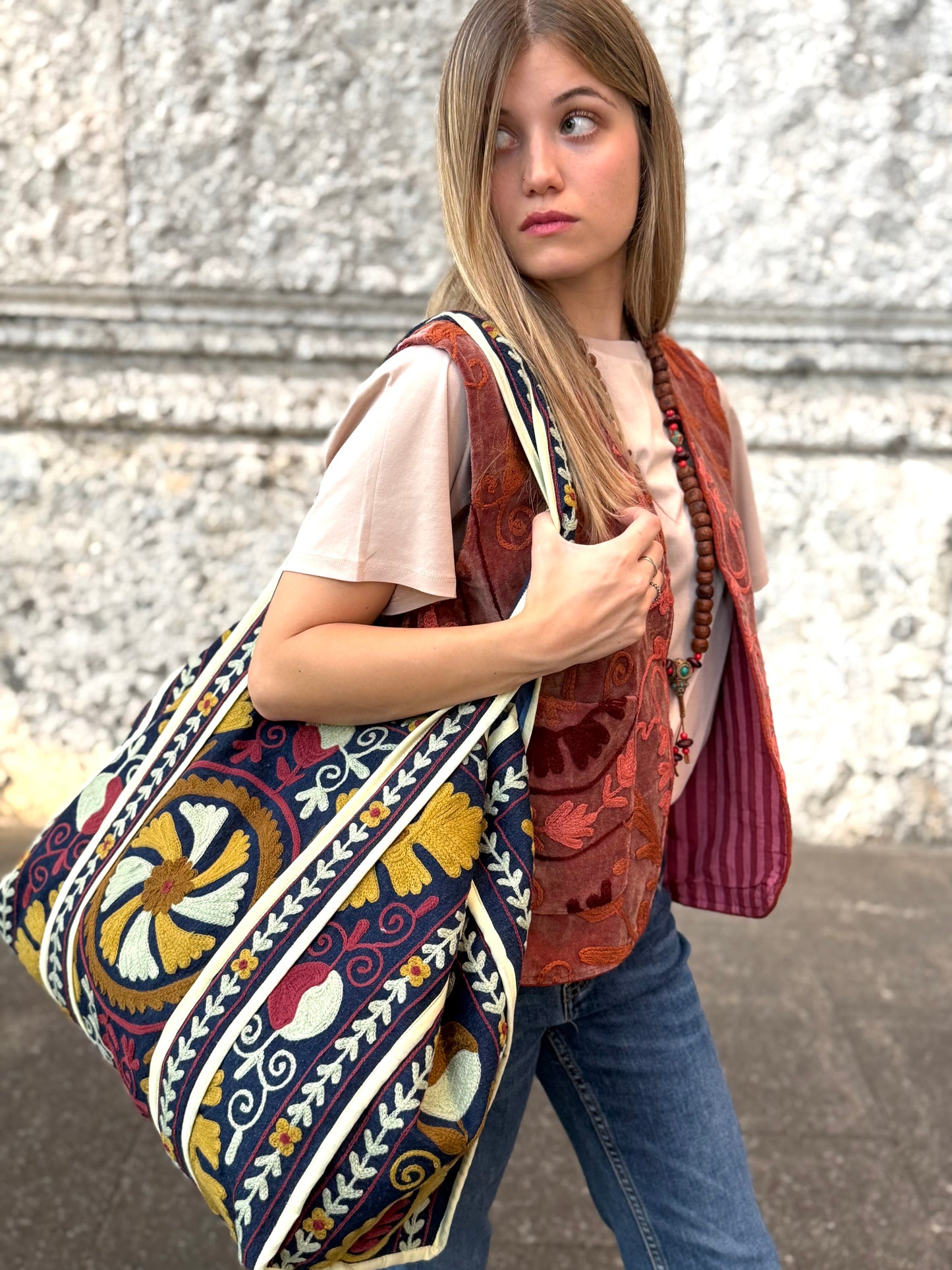 Denim Suzani Embroidered Tote Bag
