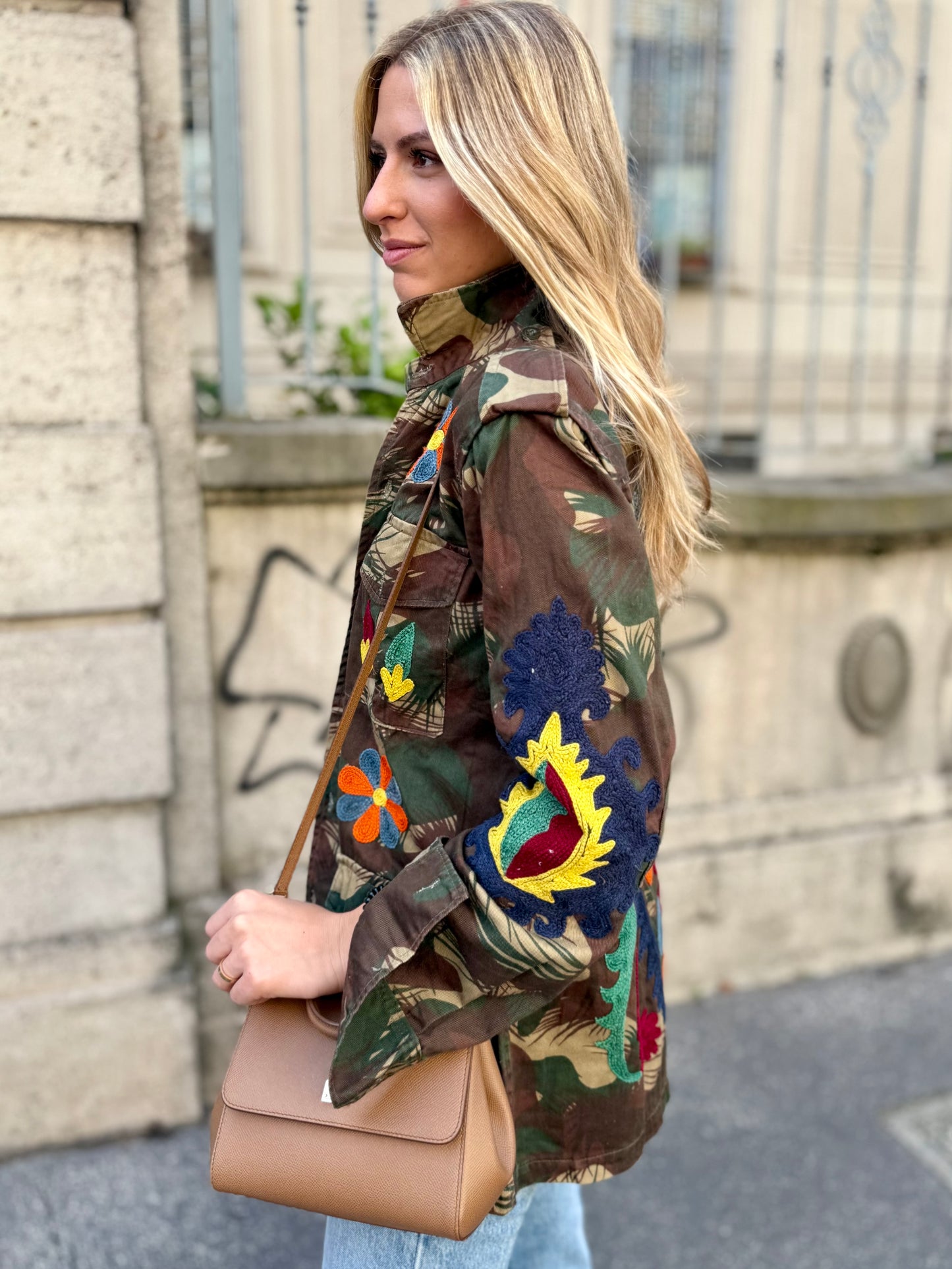 Vintage Army Jacket hand embroidered - Rose