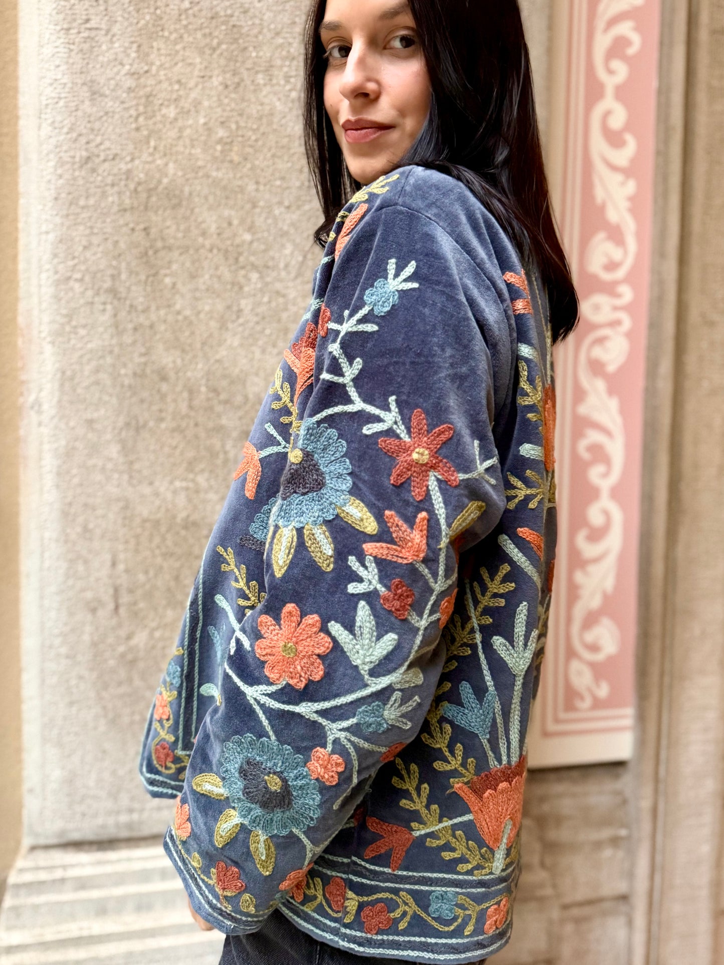 Velvet Suzani Embroidered Jacket - Grey One Size