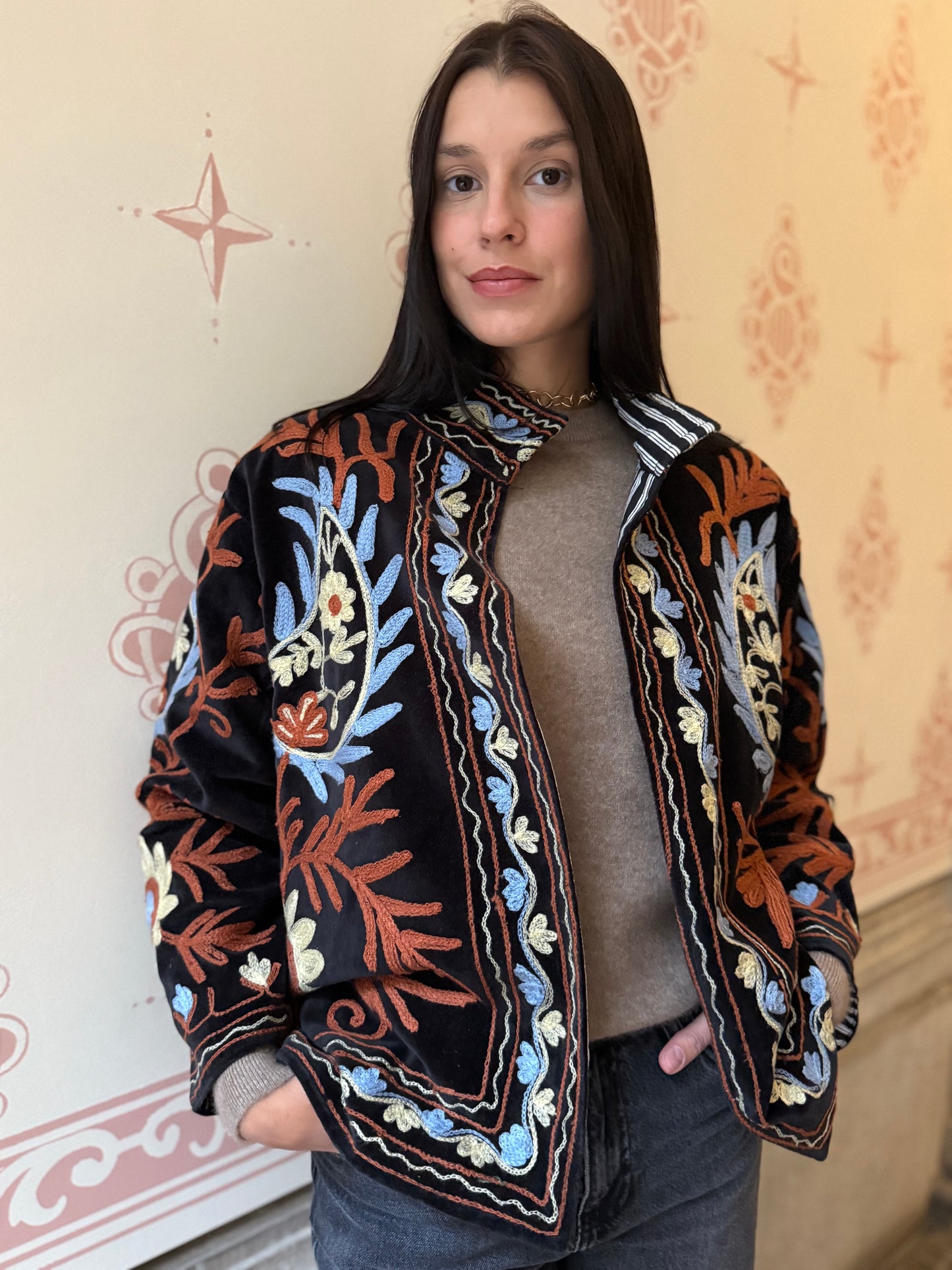 Flame Velvet Suzani Embroidered Jacket - Black One Size