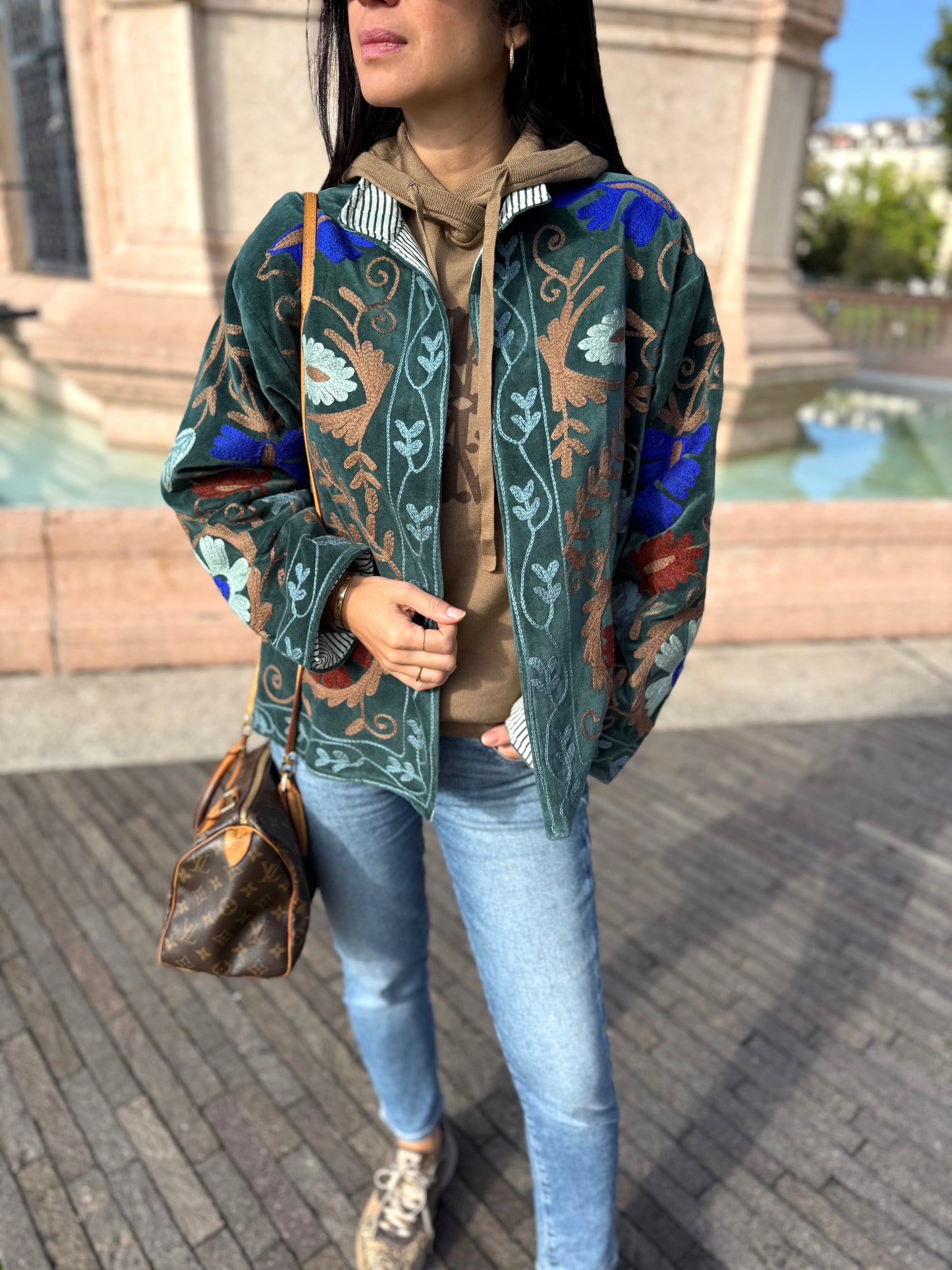 Velvet Suzani Embroidered Jacket - Forest Green One Size