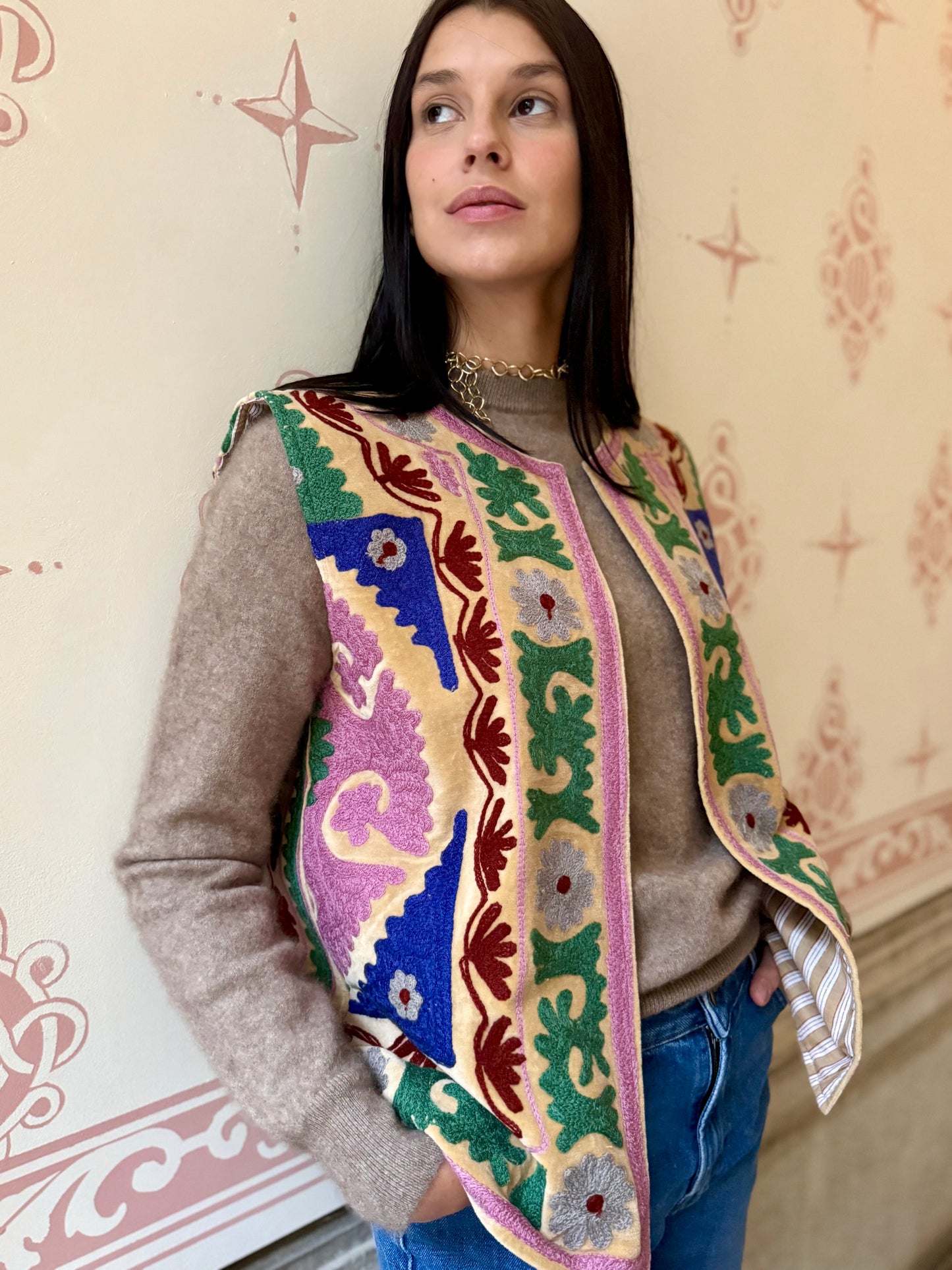 Cotton Embroidered Suzani Vest - Green Flower One Size