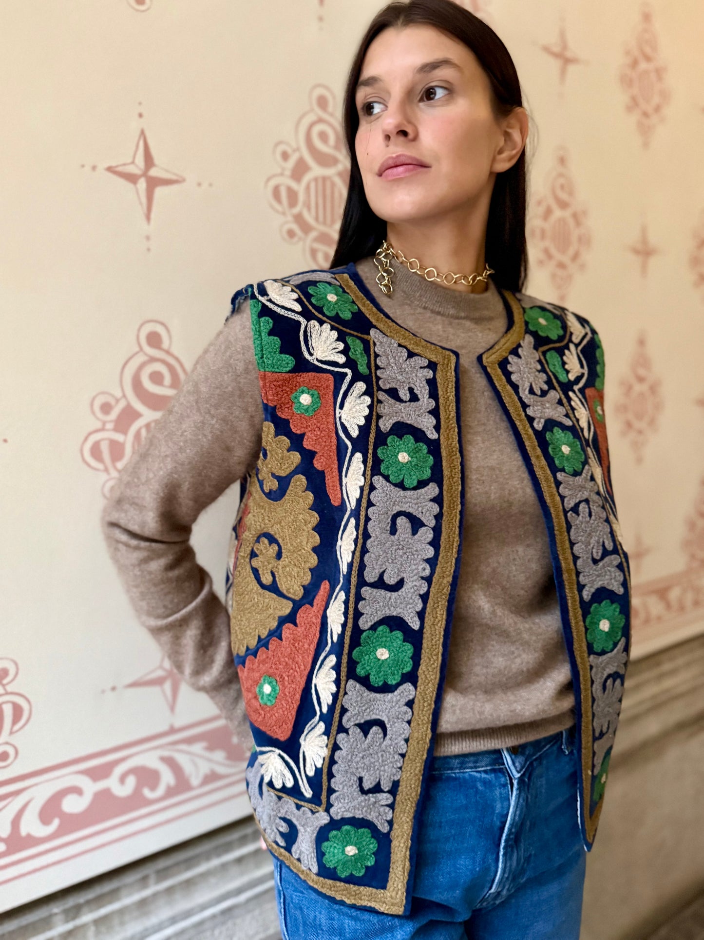 Cotton Embroidered Suzani Vest - Blue One Size