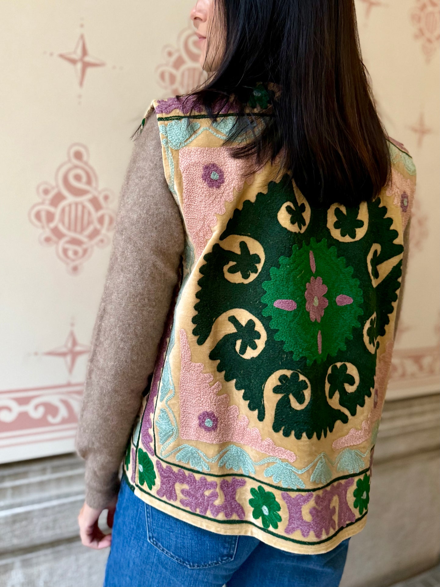 Cotton Embroidered Suzani Vest - Green Flower One Size